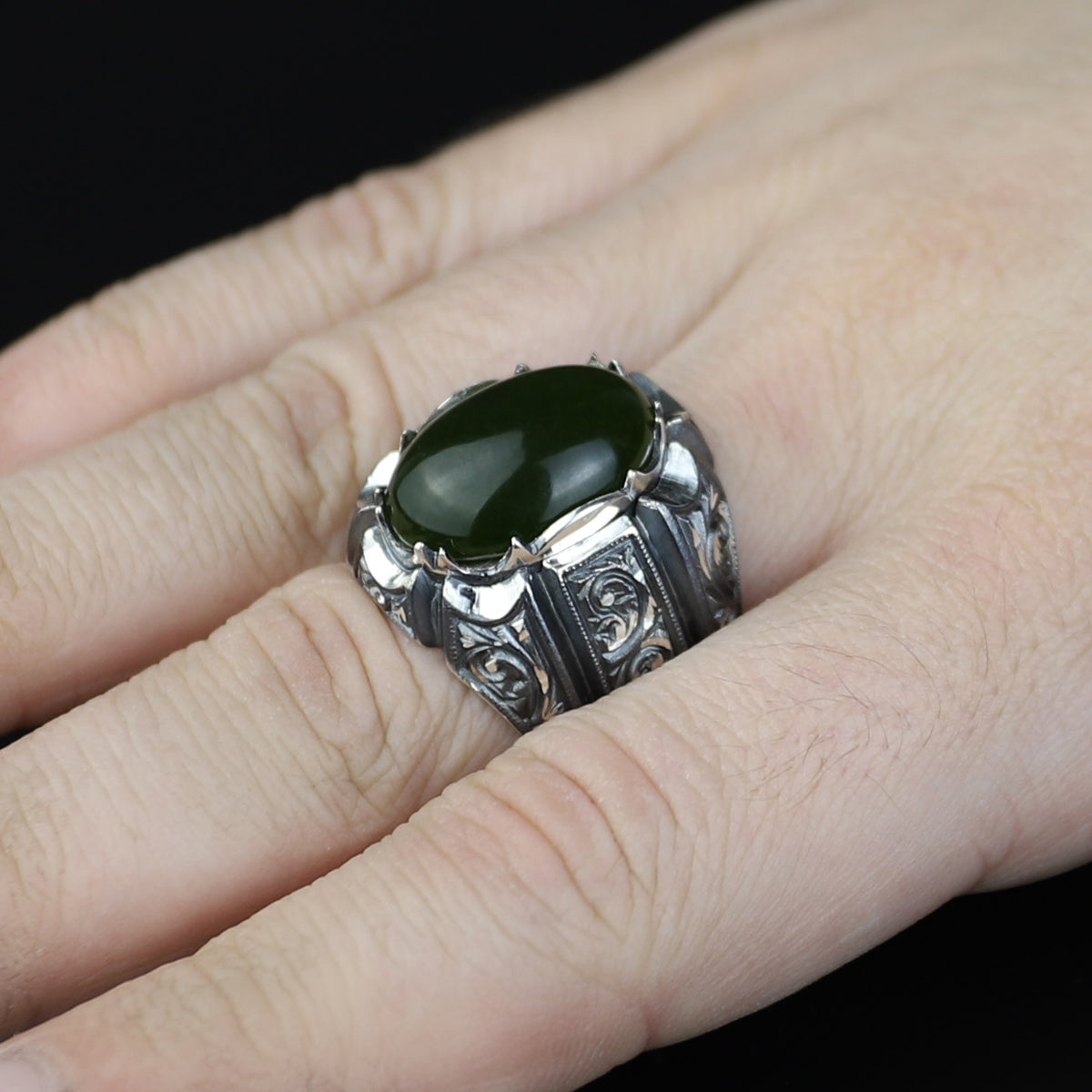 925 Men Silver Handmade Green Jade Gemstone Ottoman Style Ring