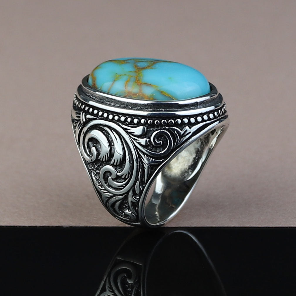 Men Solid Silver Handmade Natural Oval Turquoise Gemstone Ring