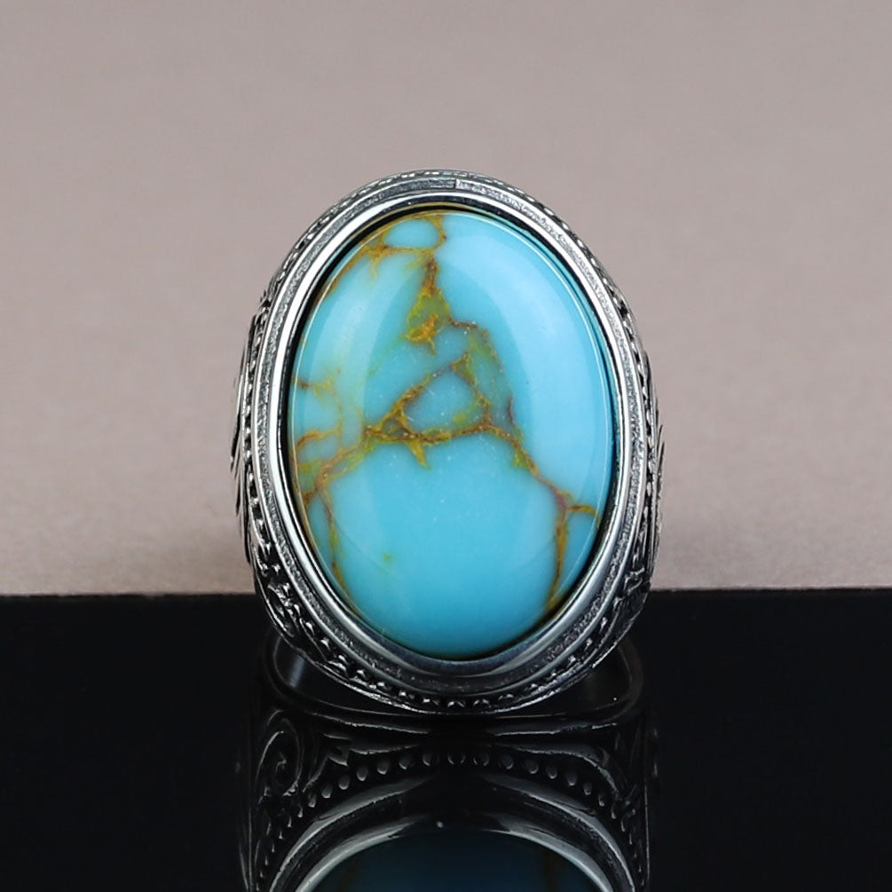 Men Solid Silver Handmade Natural Oval Turquoise Gemstone Ring