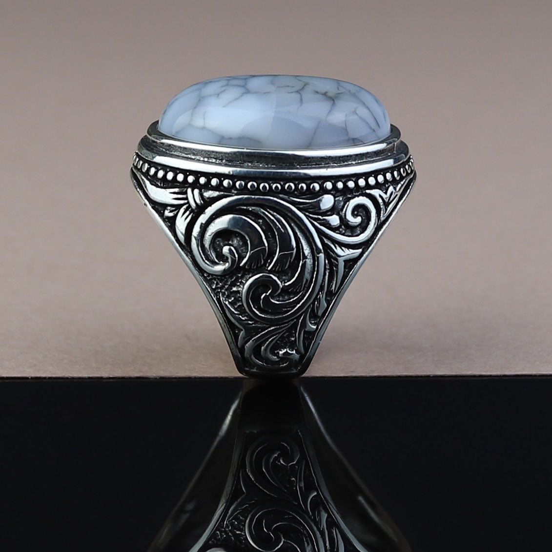 Men Handmade Solid Silver White Buffalo Turquoise Gemstone Ring