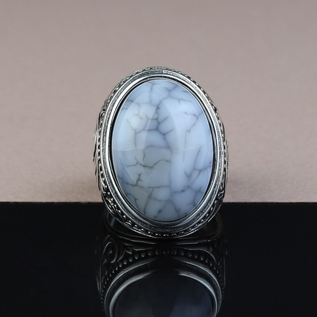 Men Handmade Solid Silver White Buffalo Turquoise Gemstone Ring