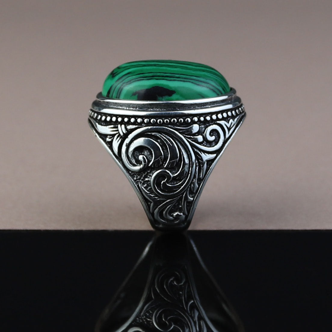 925 Solid Silver Men Handmade Green Natural Malachite Gemstone Ring