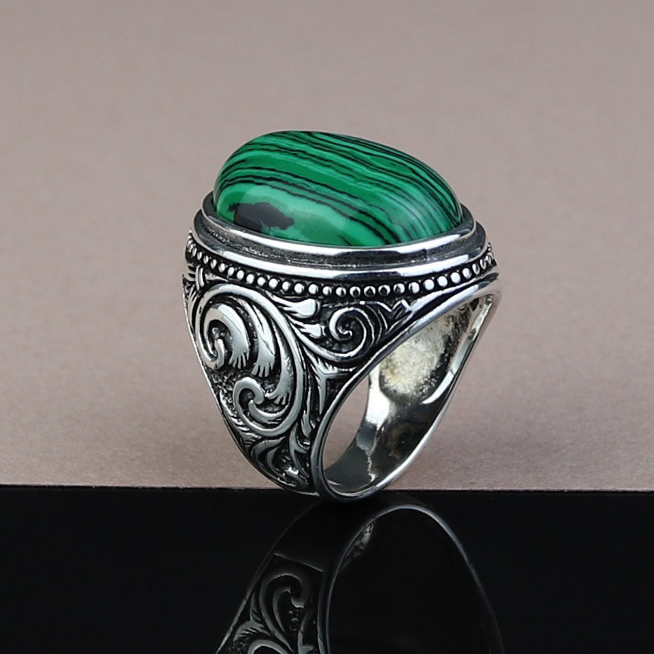 925 Solid Silver Men Handmade Green Natural Malachite Gemstone Ring
