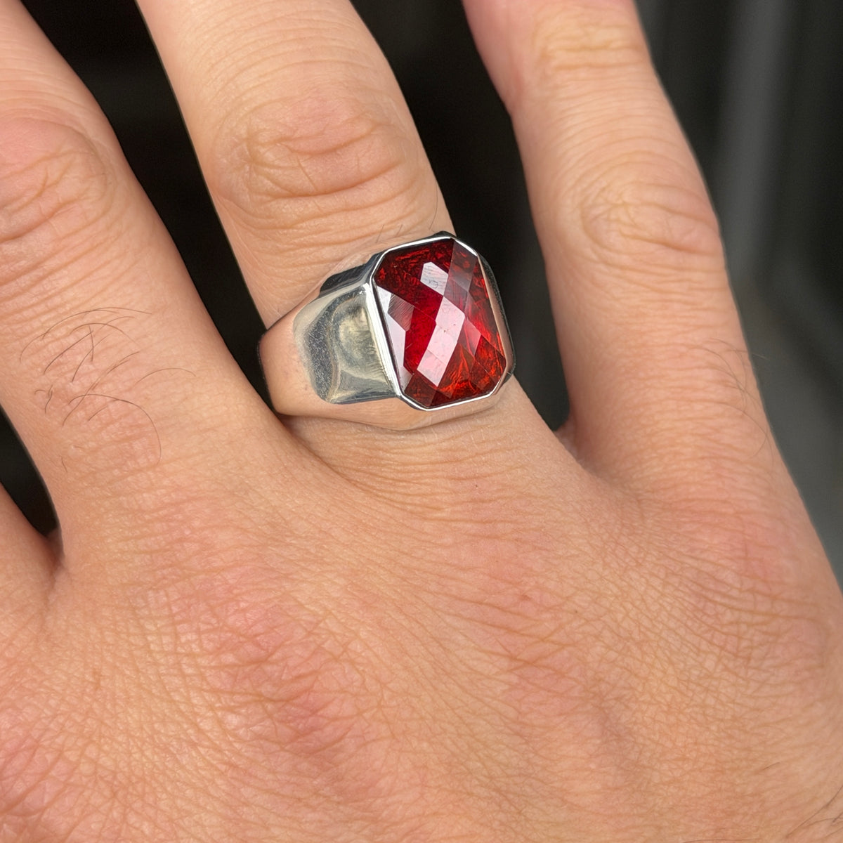 925 Sterling Silver Red Garnet Ring for Men