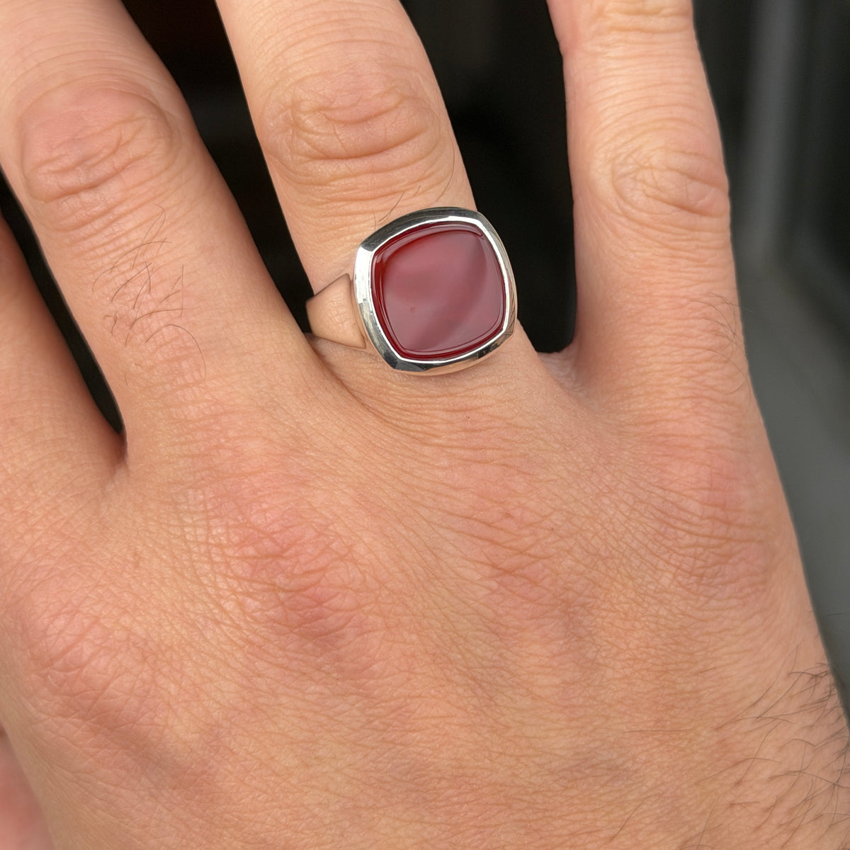 925 Sterling Silver Red Agate Square Ring for Men