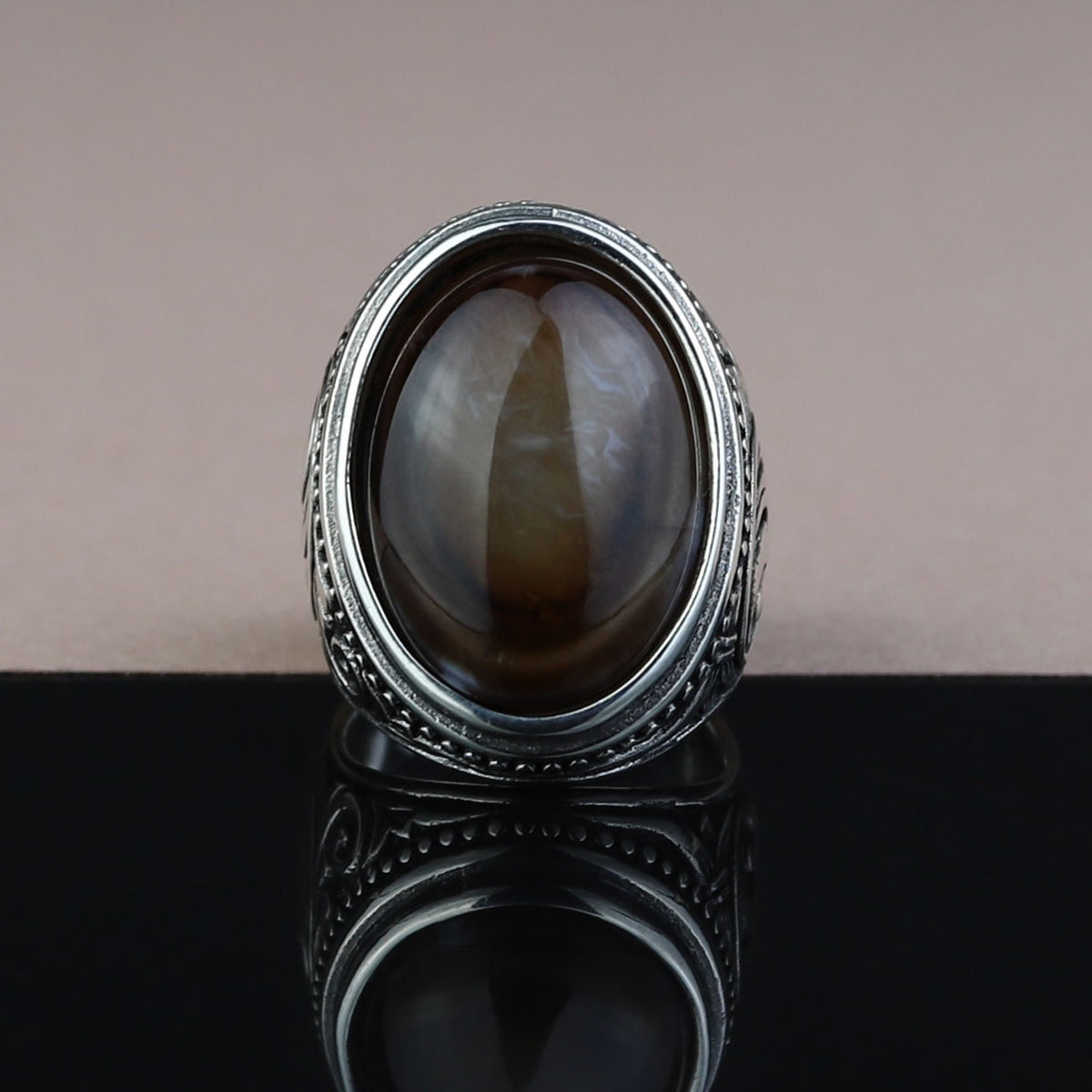 Men Handmade Engraved Tiger Eye Gemstone Ring