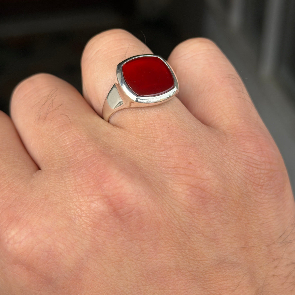 925 Sterling Silver Red Agate Square Ring for Men