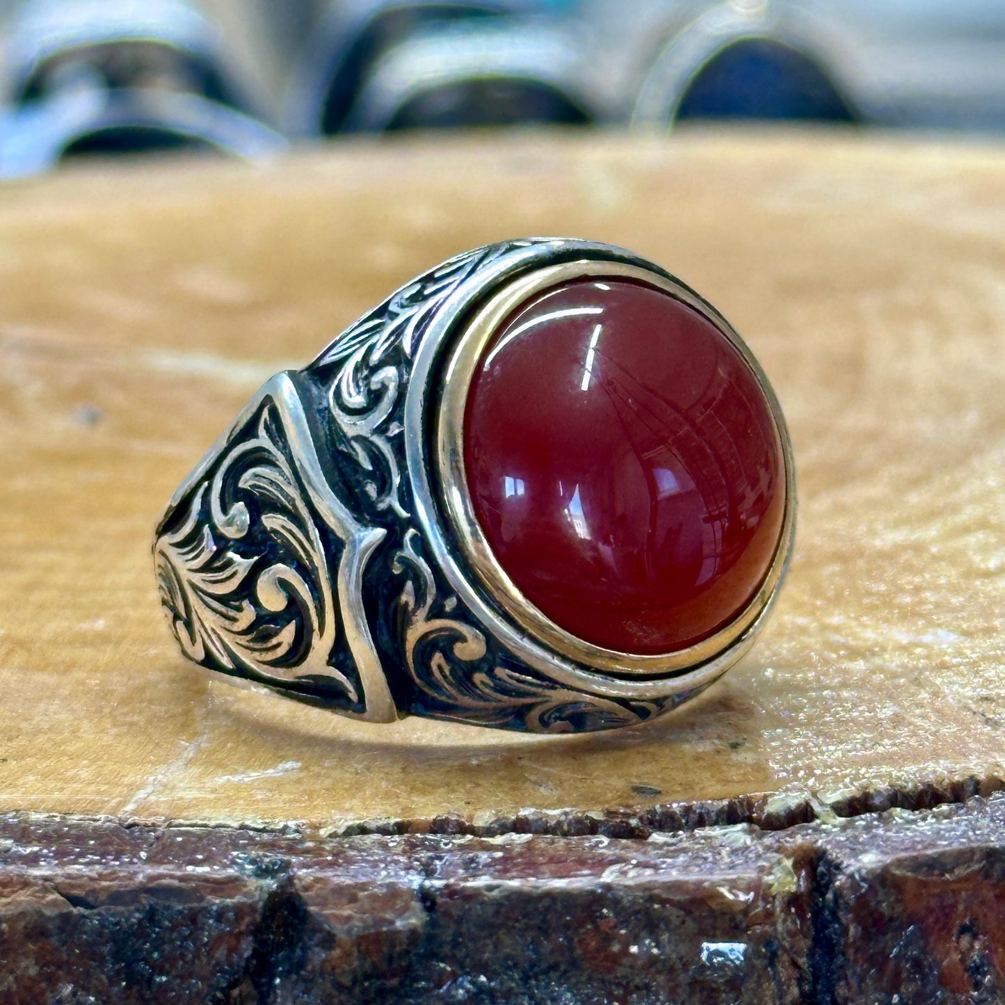 Men Silver Round Red Agate Aqeeq Gemstone Handmade Ring