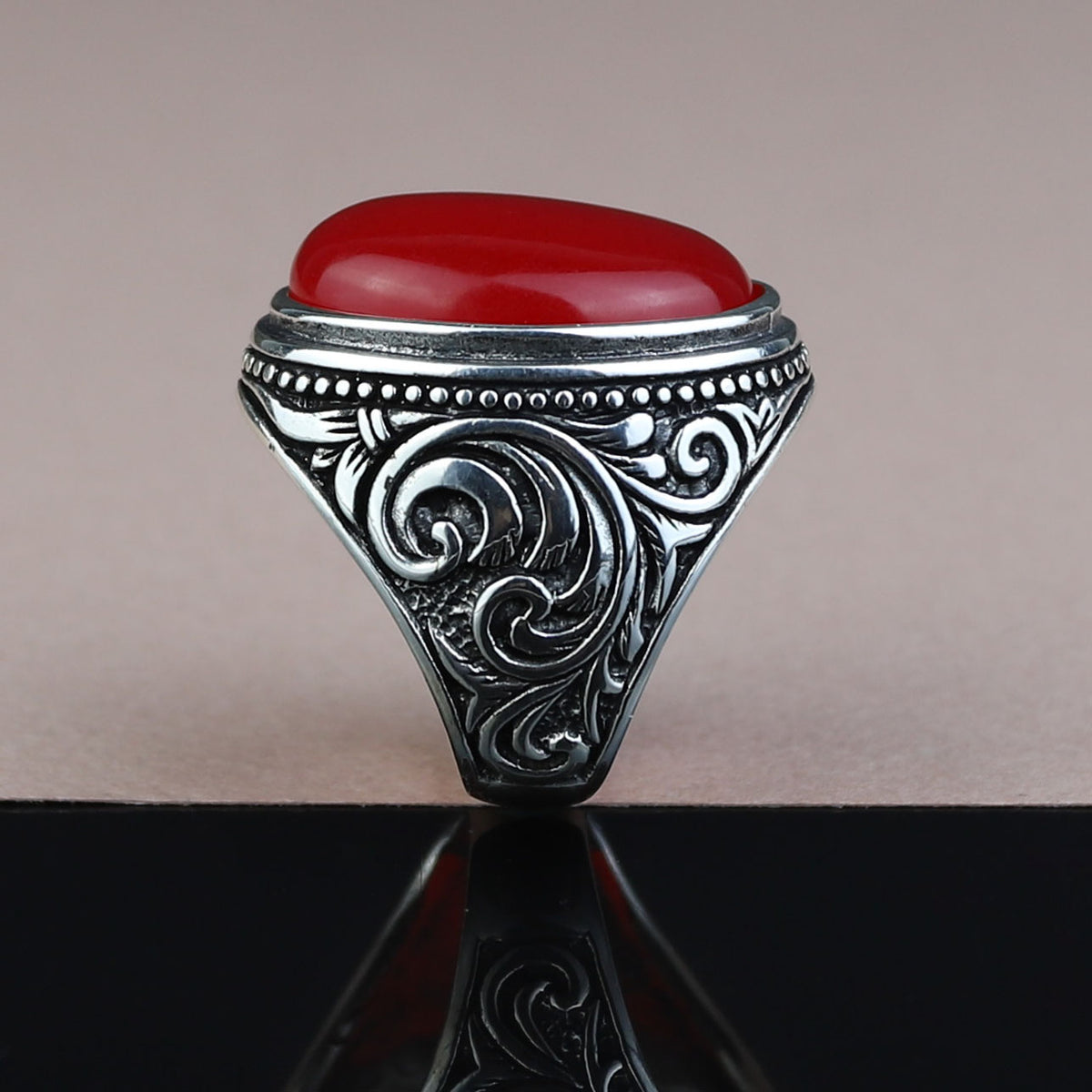 Men Handmade Red Jade Gemstone Large Ottoman Style Ring