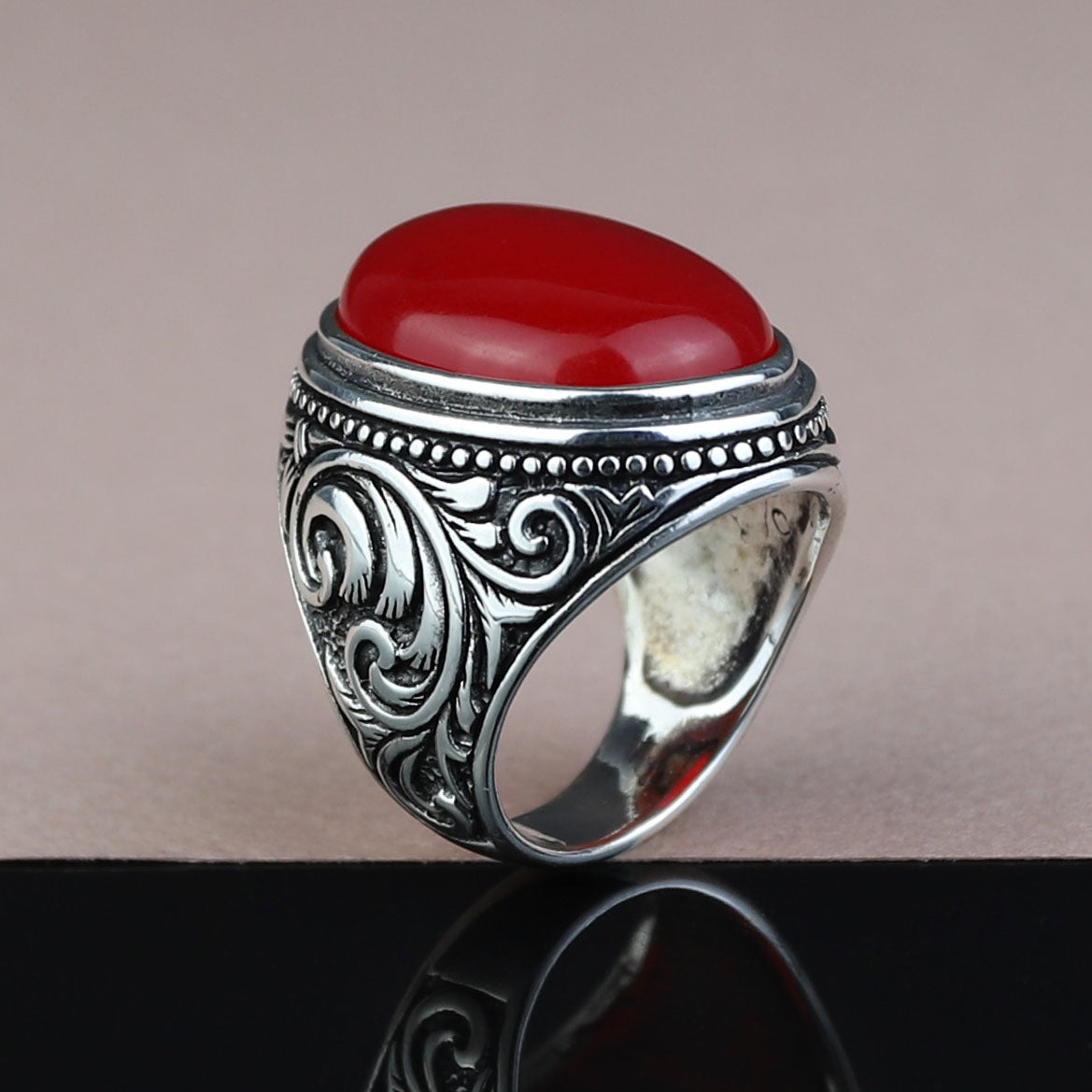 Men Handmade Red Jade Gemstone Large Ottoman Style Ring