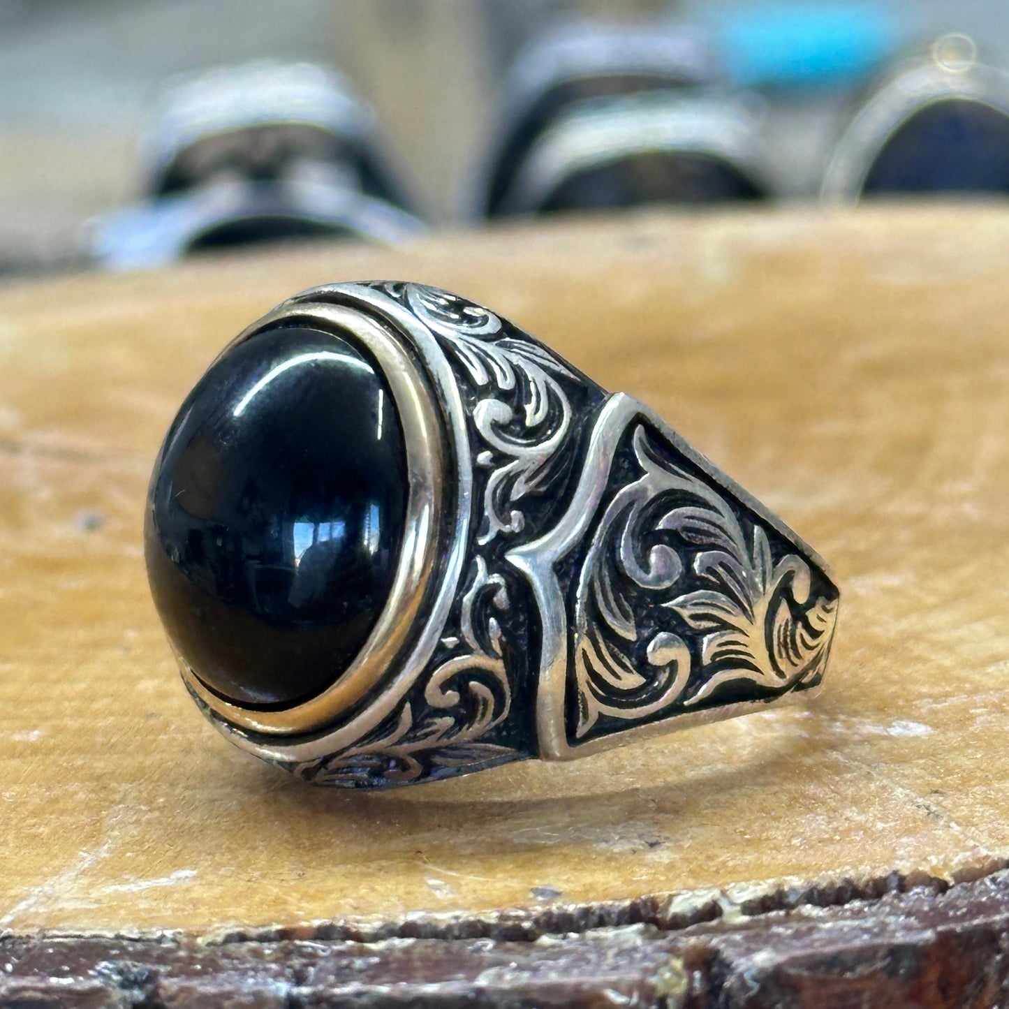 Men Handmade Round Natural Black Onyx Gemstone Ring