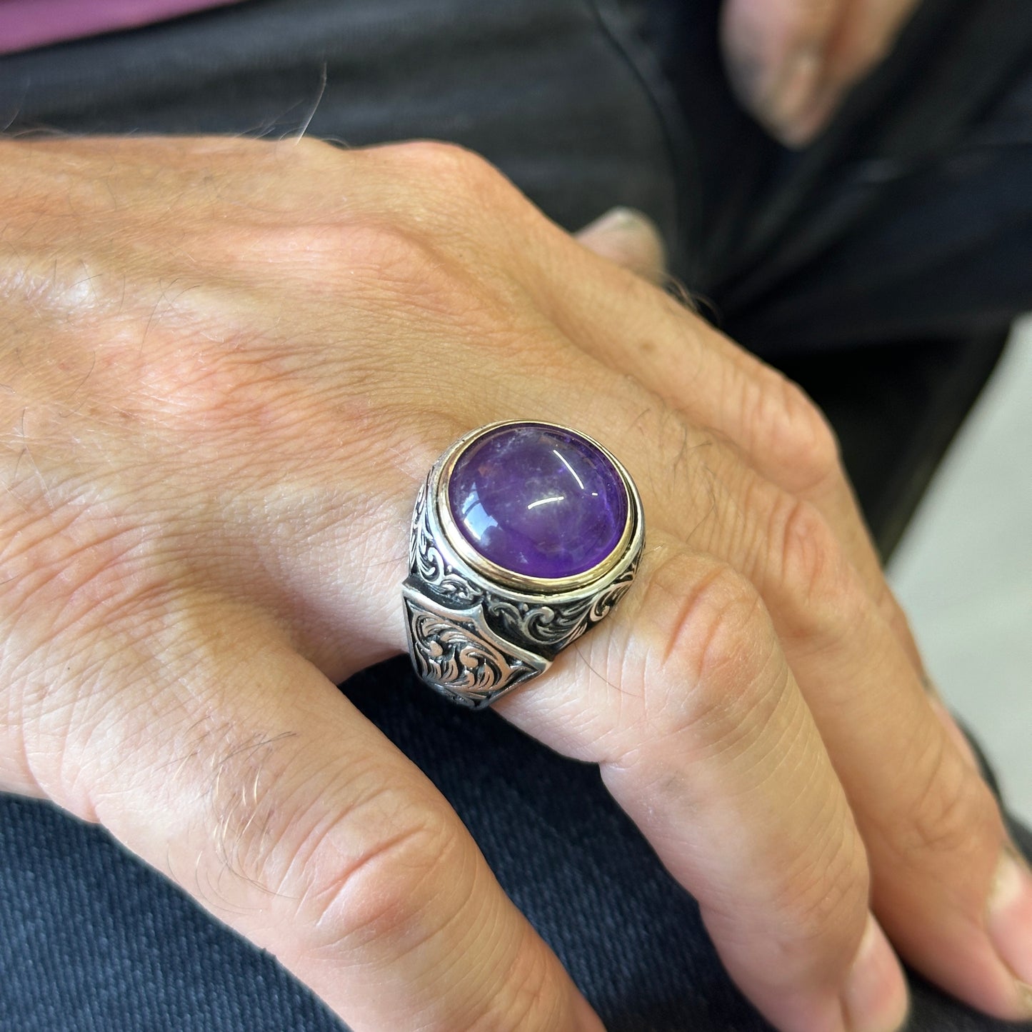 Men Silver Natural Round Amethyst Gemstone Ring