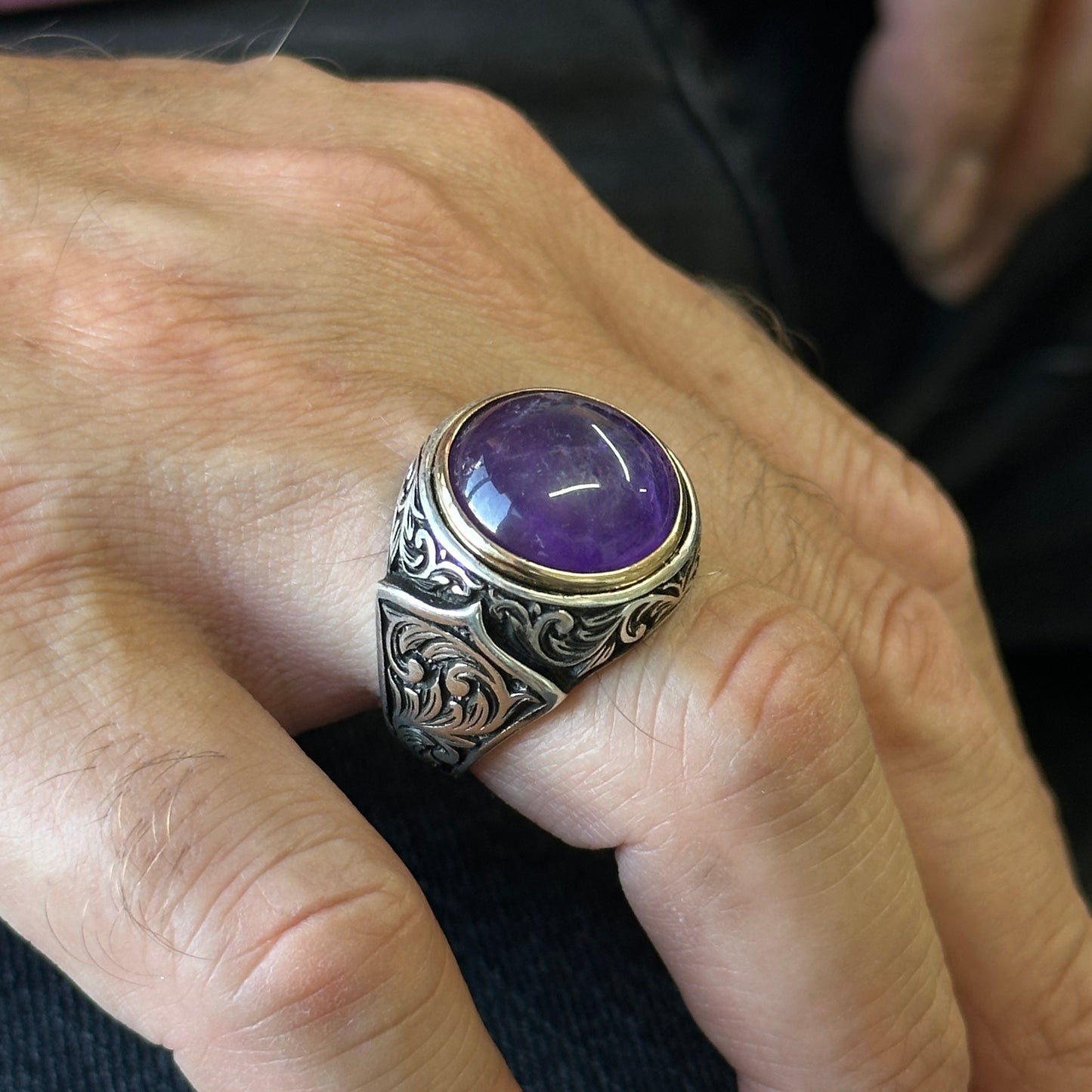 Men Silver Natural Round Amethyst Gemstone Ring