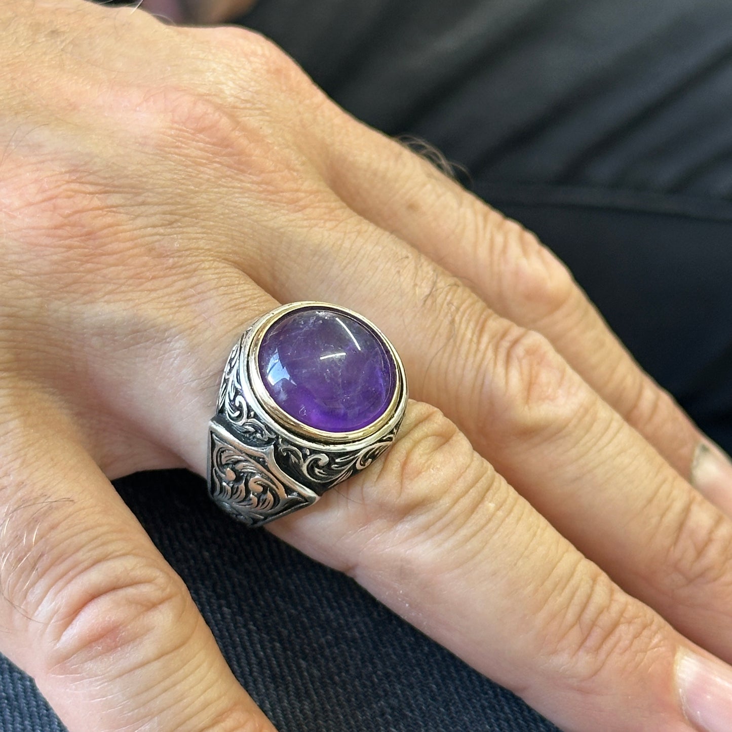 Men Silver Natural Round Amethyst Gemstone Ring