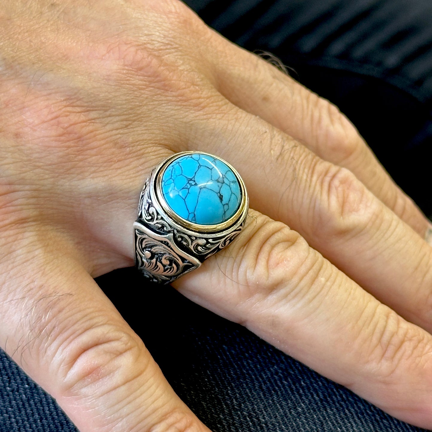 Men Handmade Round Natural Turquoise Ring