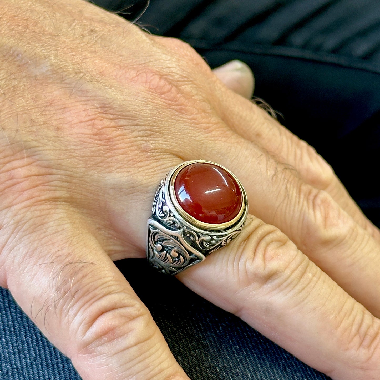 Men Silver Round Red Agate Aqeeq Gemstone Handmade Ring