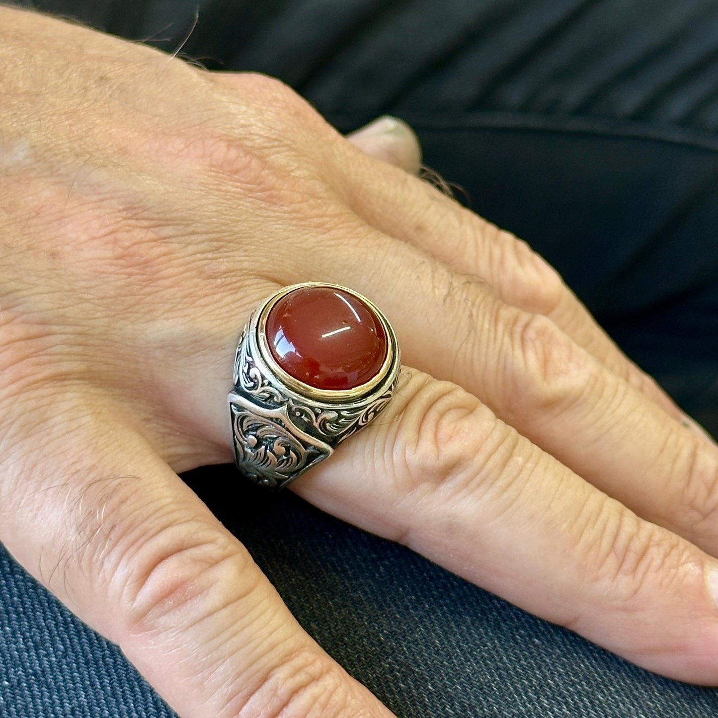 Men Silver Round Red Agate Aqeeq Gemstone Handmade Ring