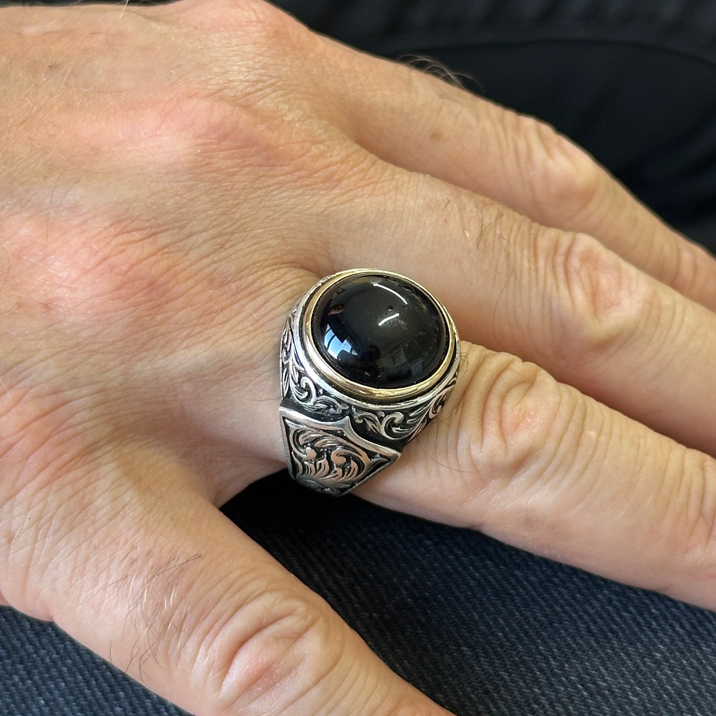 Men Handmade Round Natural Black Onyx Gemstone Ring