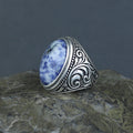 925 Silver Men Handmade Natural Engraved Lapis Lazuli Gemstone Ring