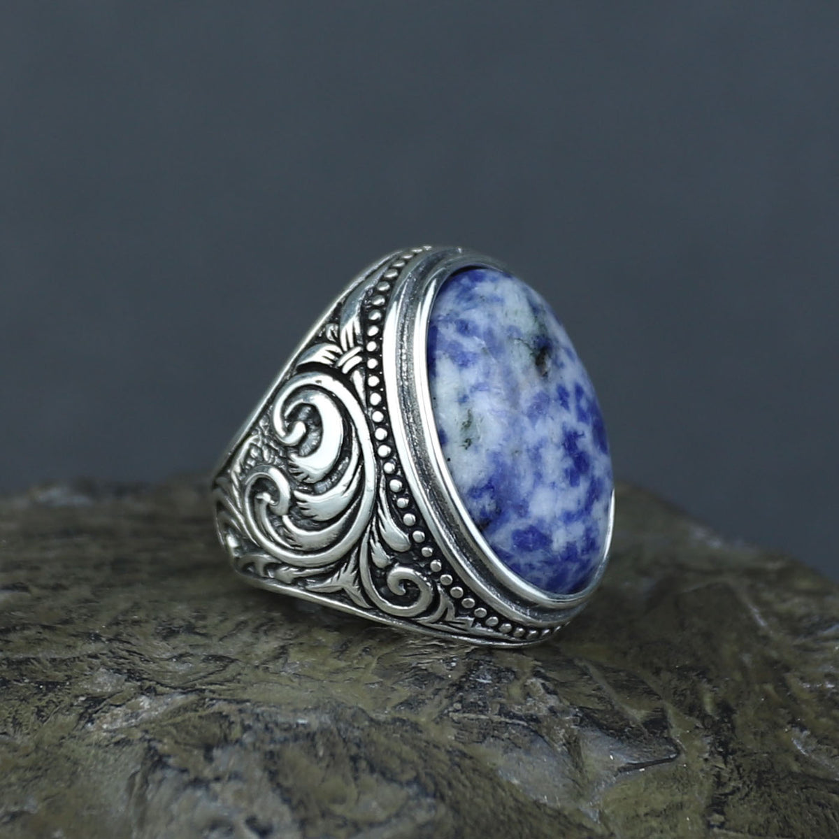 925 Silver Men Handmade Natural Engraved Lapis Lazuli Gemstone Ring