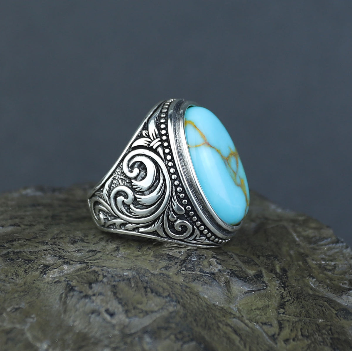 Men Solid Silver Handmade Natural Oval Turquoise Gemstone Ring
