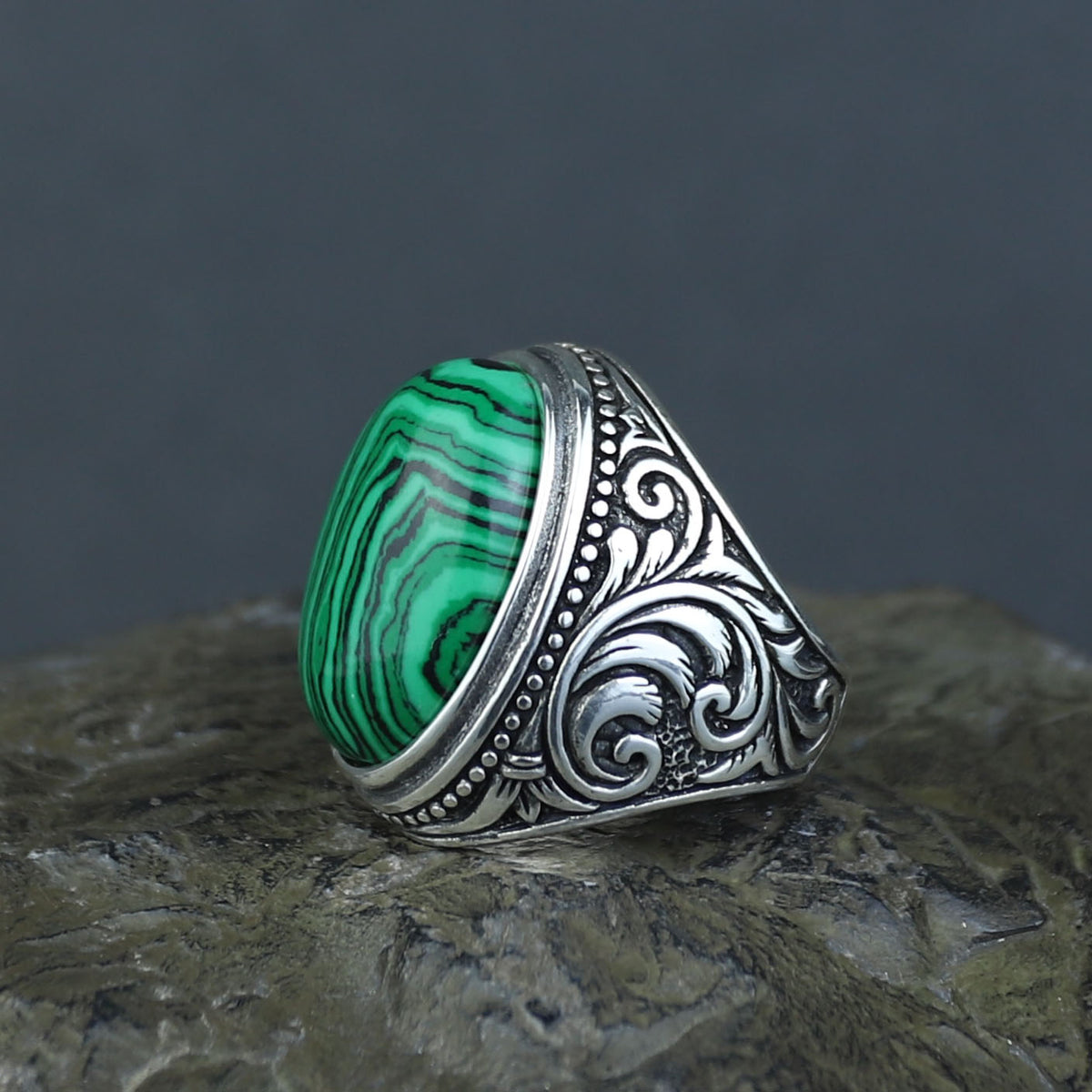 925 Solid Silver Men Handmade Green Natural Malachite Gemstone Ring