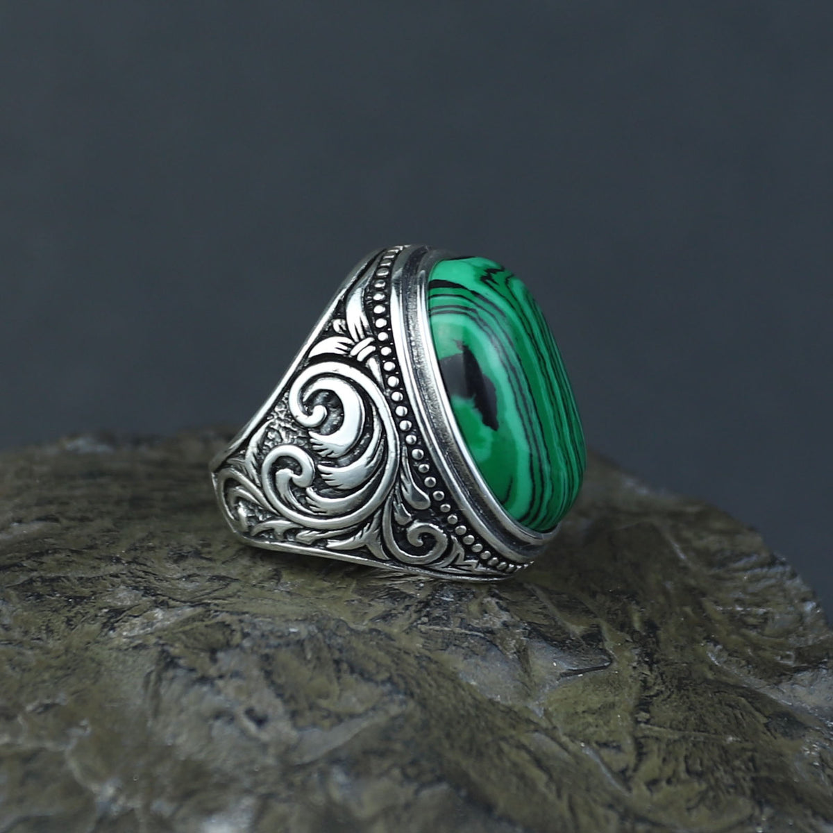 925 Solid Silver Men Handmade Green Natural Malachite Gemstone Ring