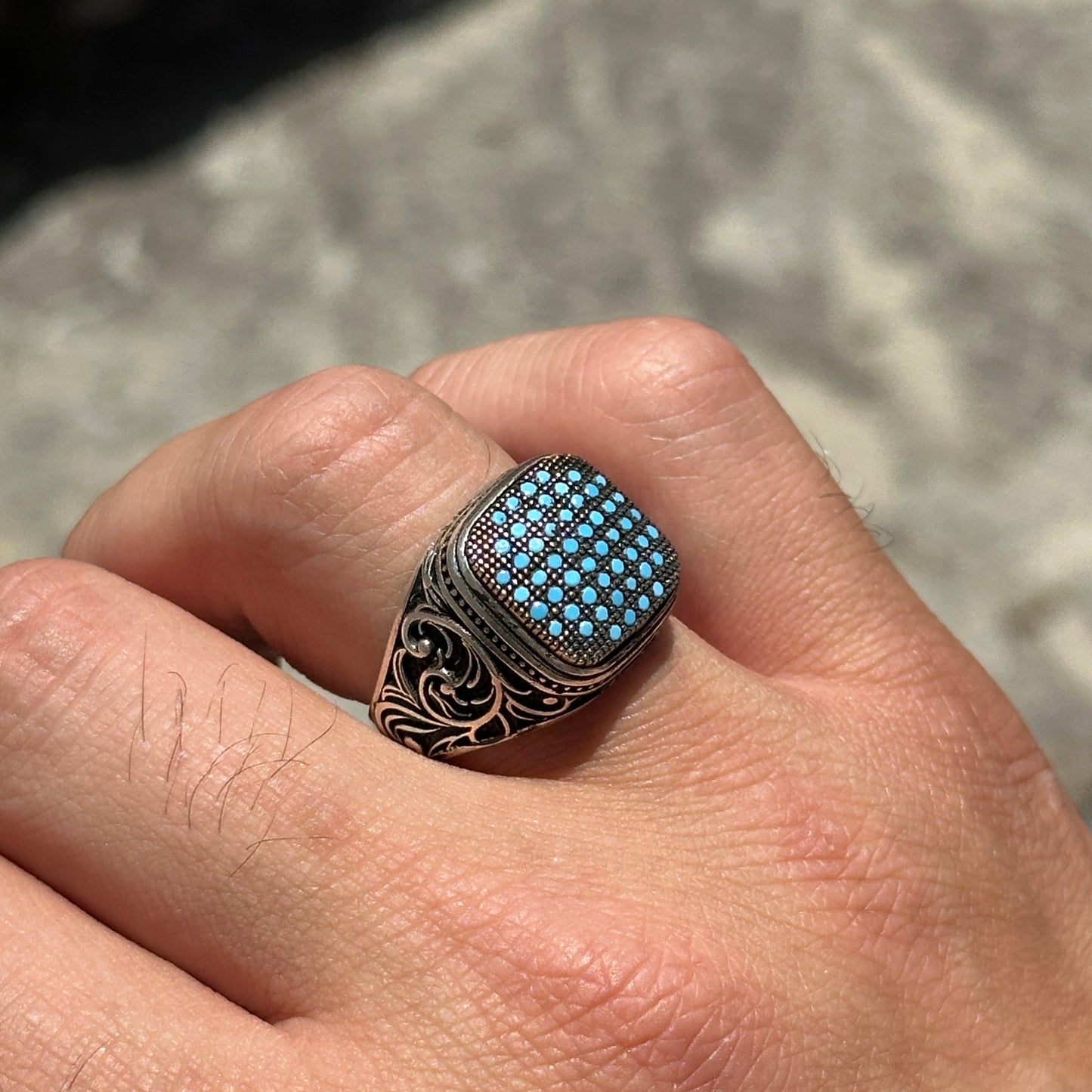 Men Handmade Minimal Micro Turquoise Gemstone Ring