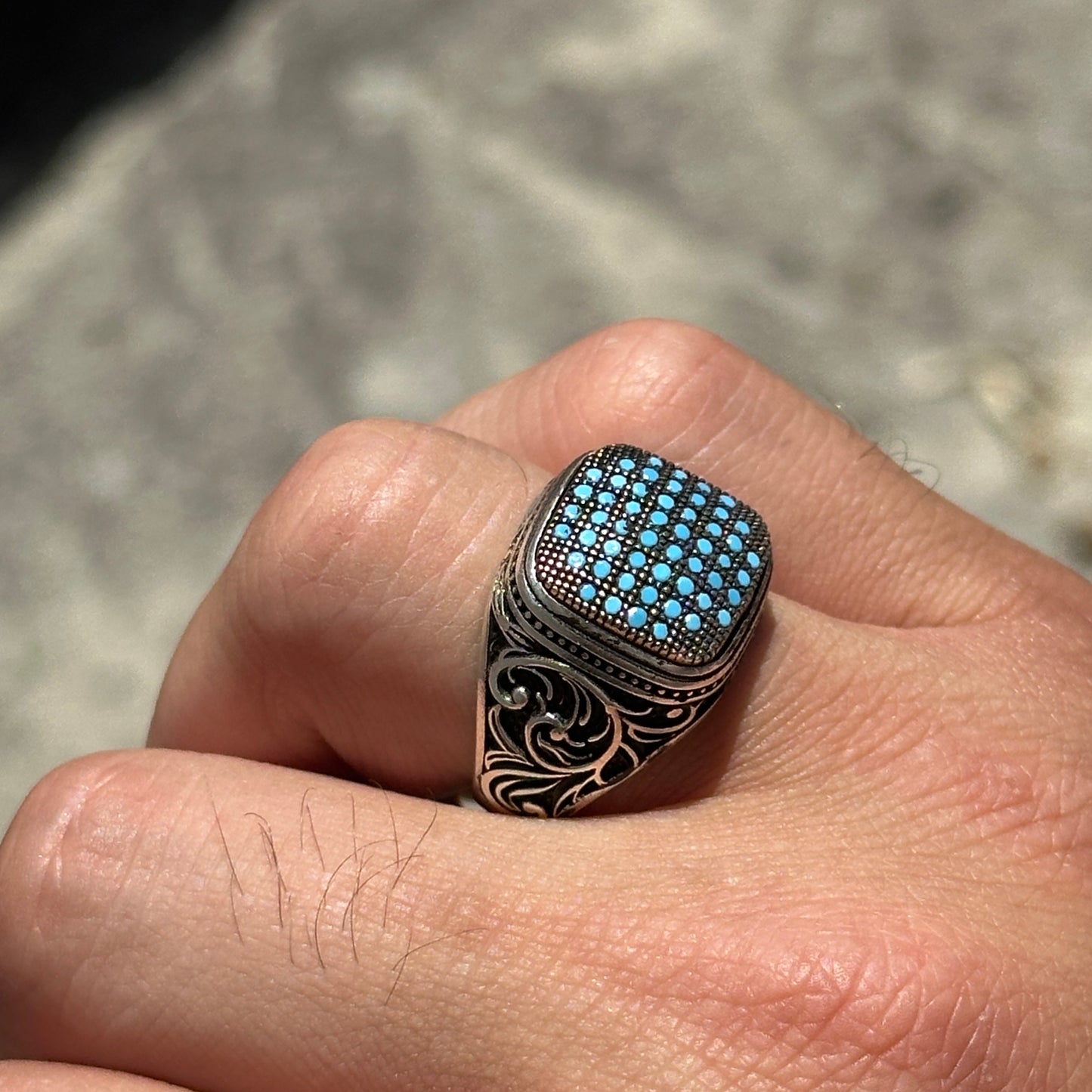 Men Handmade Minimal Micro Turquoise Gemstone Ring