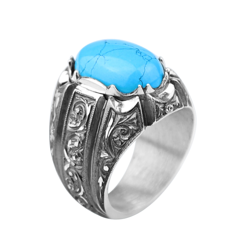 925 Men Handmade Natural Blue Turquoise Gemstone Engraved Ring