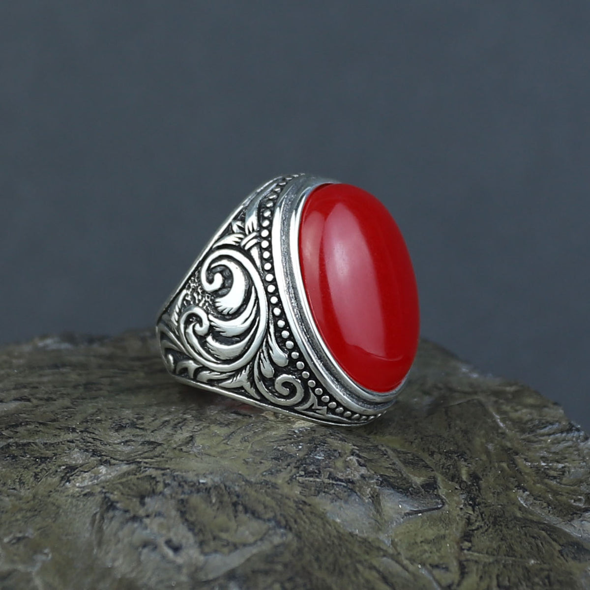 Men Handmade Red Jade Gemstone Large Ottoman Style Ring