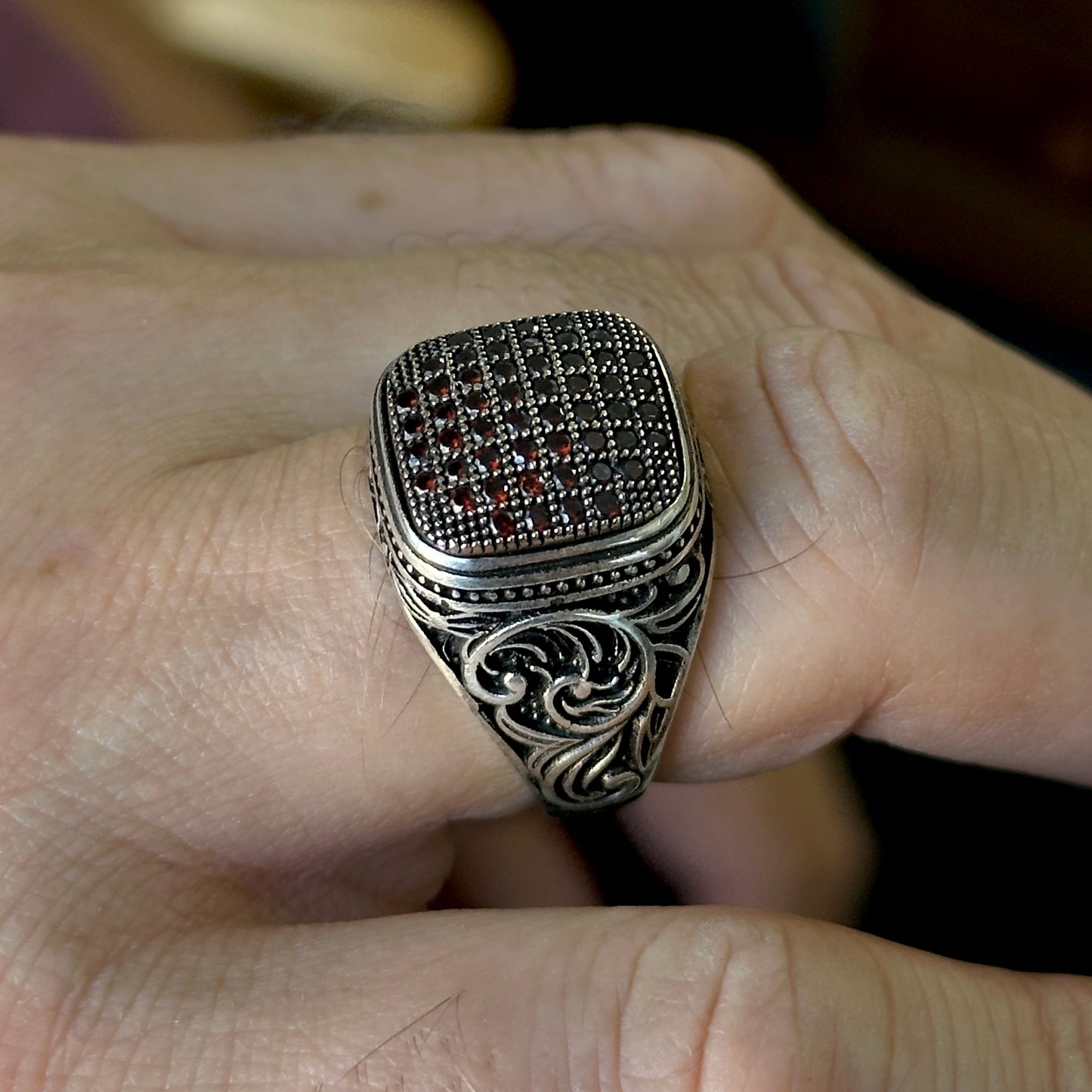 Men Handmade Micro Ruby Gemstone Silver Ring