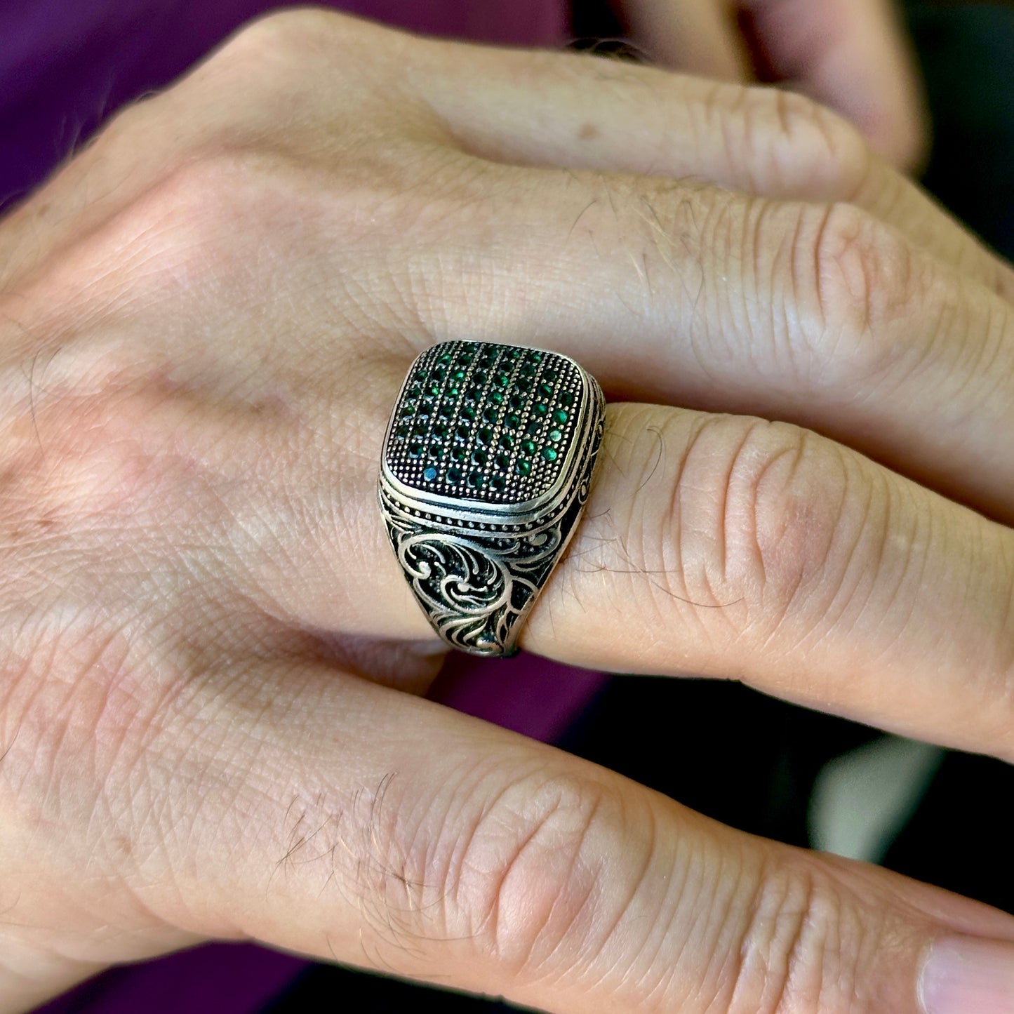 Men Handmade Micro Emerald Gemstone Ring