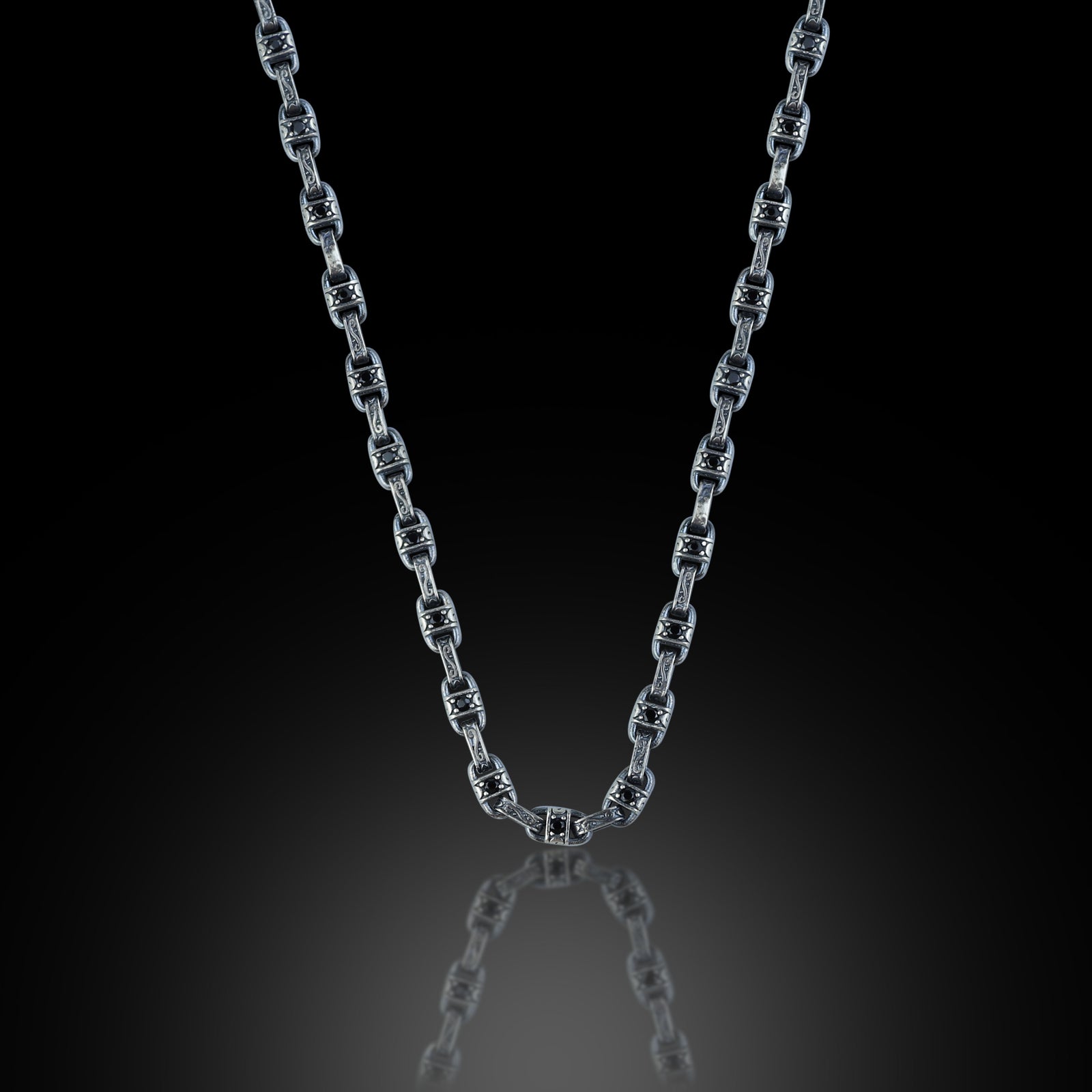 925 Sterling Silver Black Stone Engraved Vintage Chain Necklace