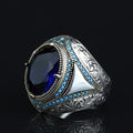 925 Sterling Silver Blue Sapphire Gemstone Men Ring, Turkish Handmade Engraved Men Sapphire Ring, 925K Sterling Silver