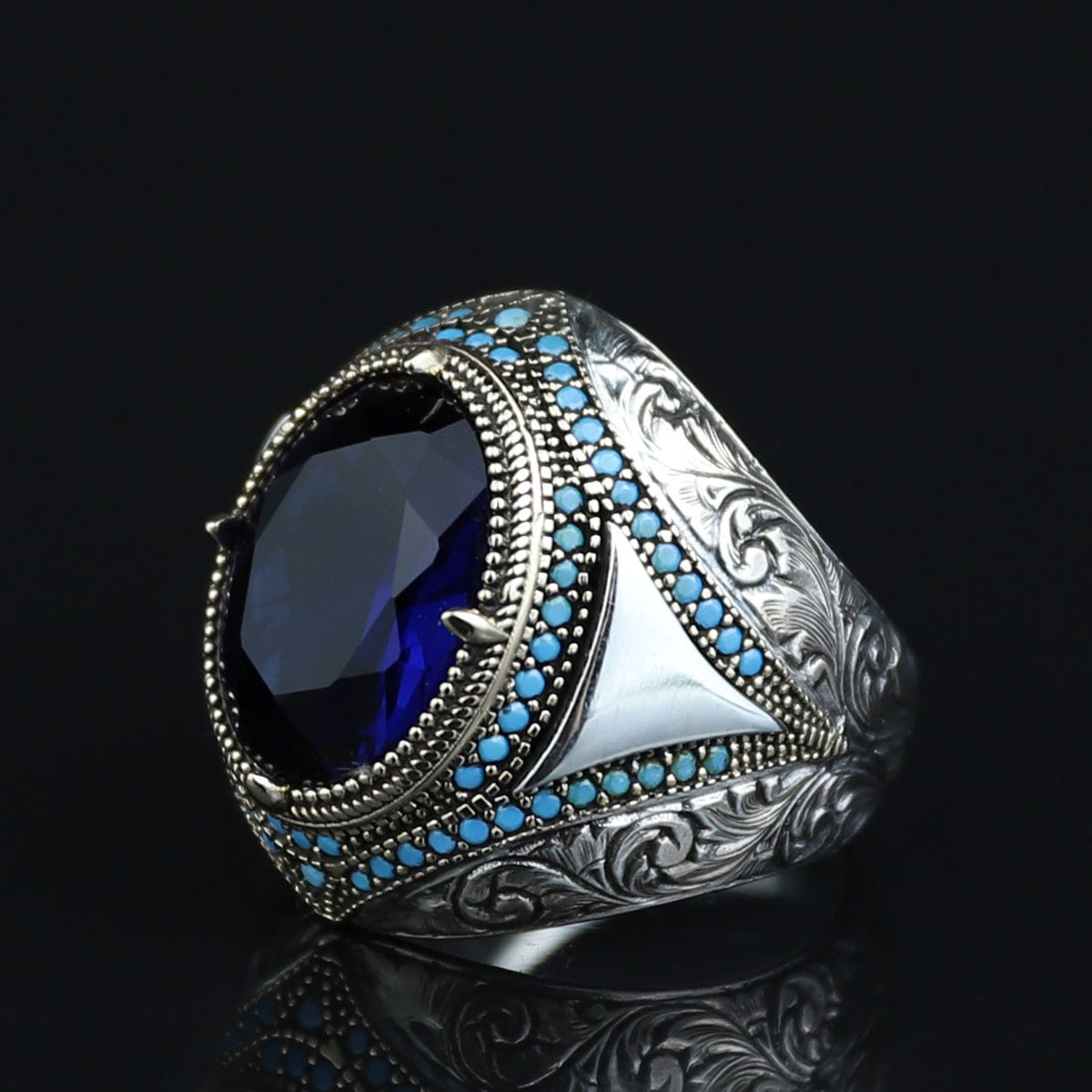 925 Sterling Silver Blue Sapphire Gemstone Men Ring, Turkish Handmade Engraved Men Sapphire Ring, 925K Sterling Silver