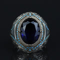 925 Sterling Silver Blue Sapphire Gemstone Men Ring, Turkish Handmade Engraved Men Sapphire Ring, 925K Sterling Silver