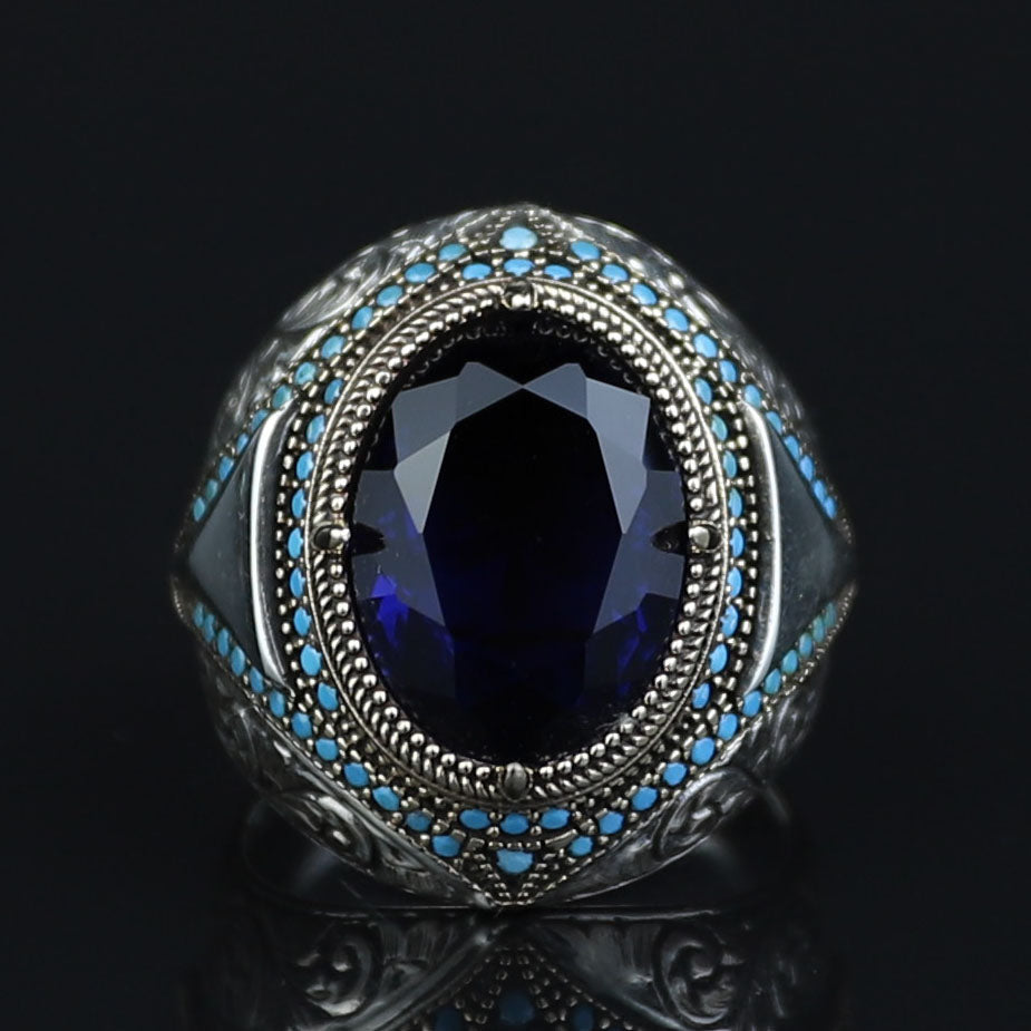 925 Sterling Silver Blue Sapphire Gemstone Men Ring, Turkish Handmade Engraved Men Sapphire Ring, 925K Sterling Silver