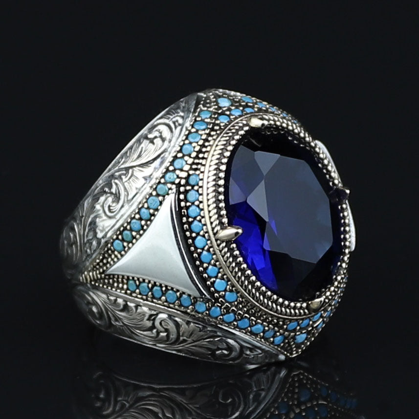 925 Sterling Silver Blue Sapphire Gemstone Men Ring, Turkish Handmade Engraved Men Sapphire Ring, 925K Sterling Silver
