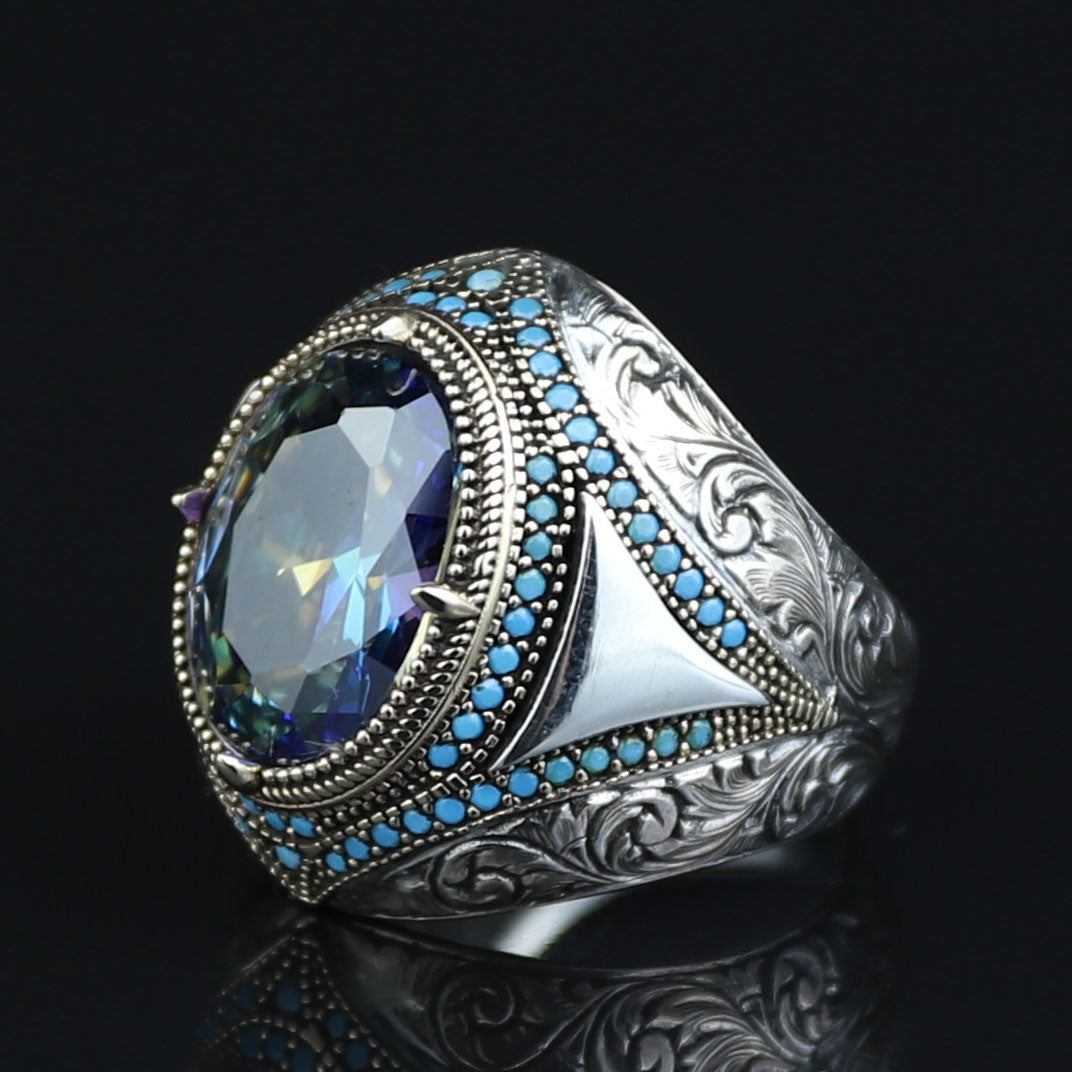 925 Silver Mystic Topaz Ring, Men Handmade Ring, Turkish Handmade Silver Men Ring, Colorized Stone Ring