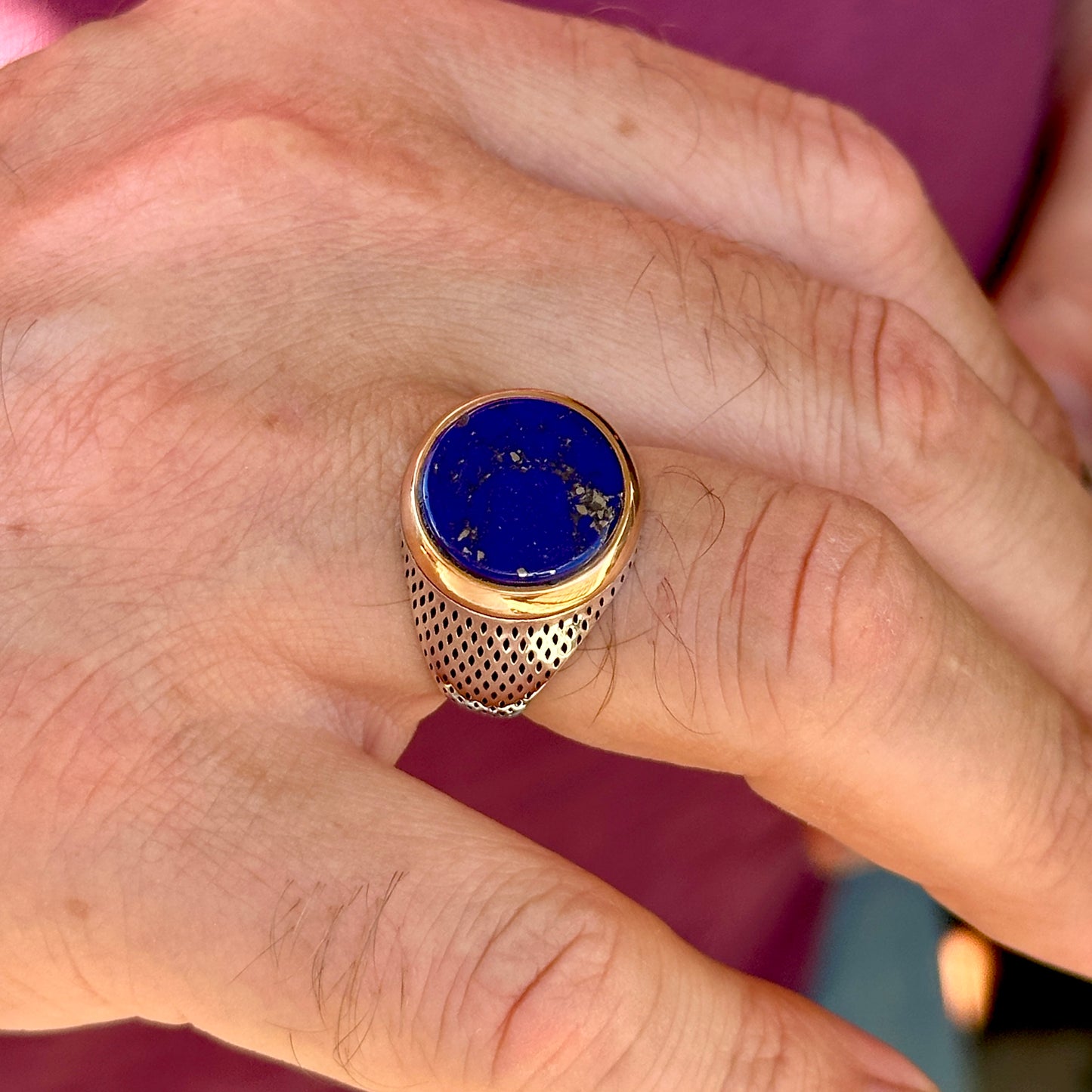 Men Silver Round Natural Lapis Gemstone Ring