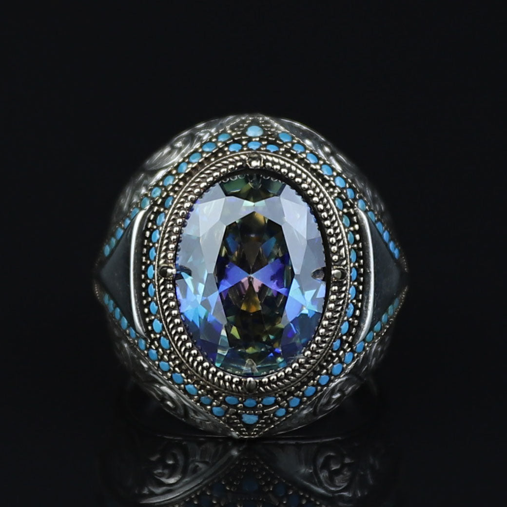 925 Silver Mystic Topaz Ring, Men Handmade Ring, Turkish Handmade Silver Men Ring, Colorized Stone Ring