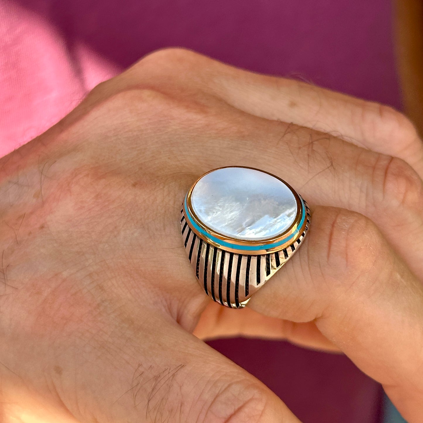 Men Handmade Silver Ottoman Style Mother Of Pearl Gemstone Ring