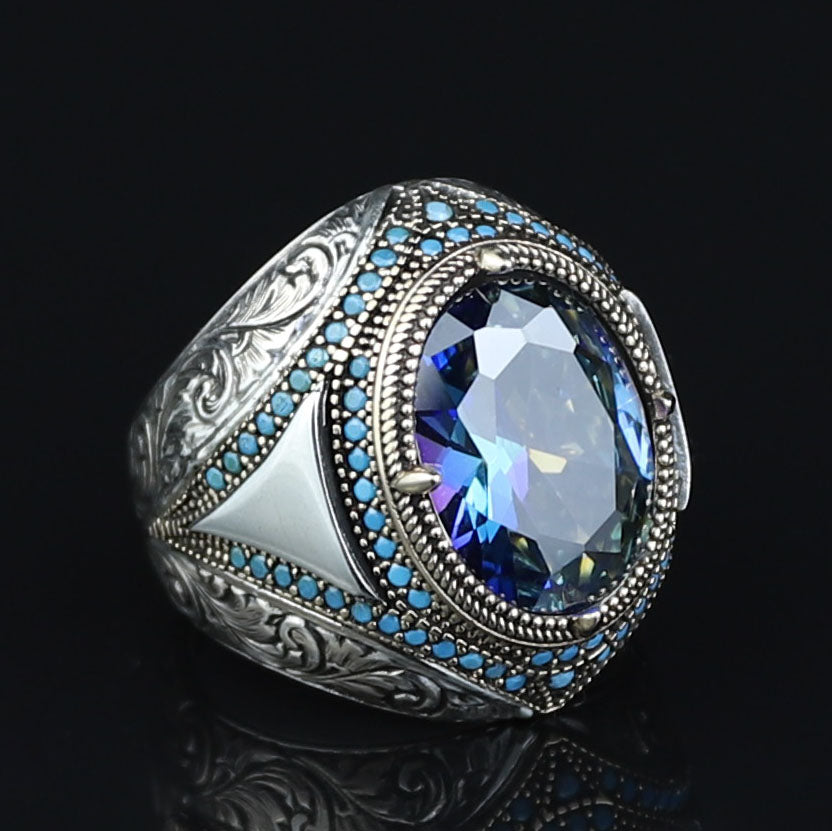 925 Silver Mystic Topaz Ring, Men Handmade Ring, Turkish Handmade Silver Men Ring, Colorized Stone Ring