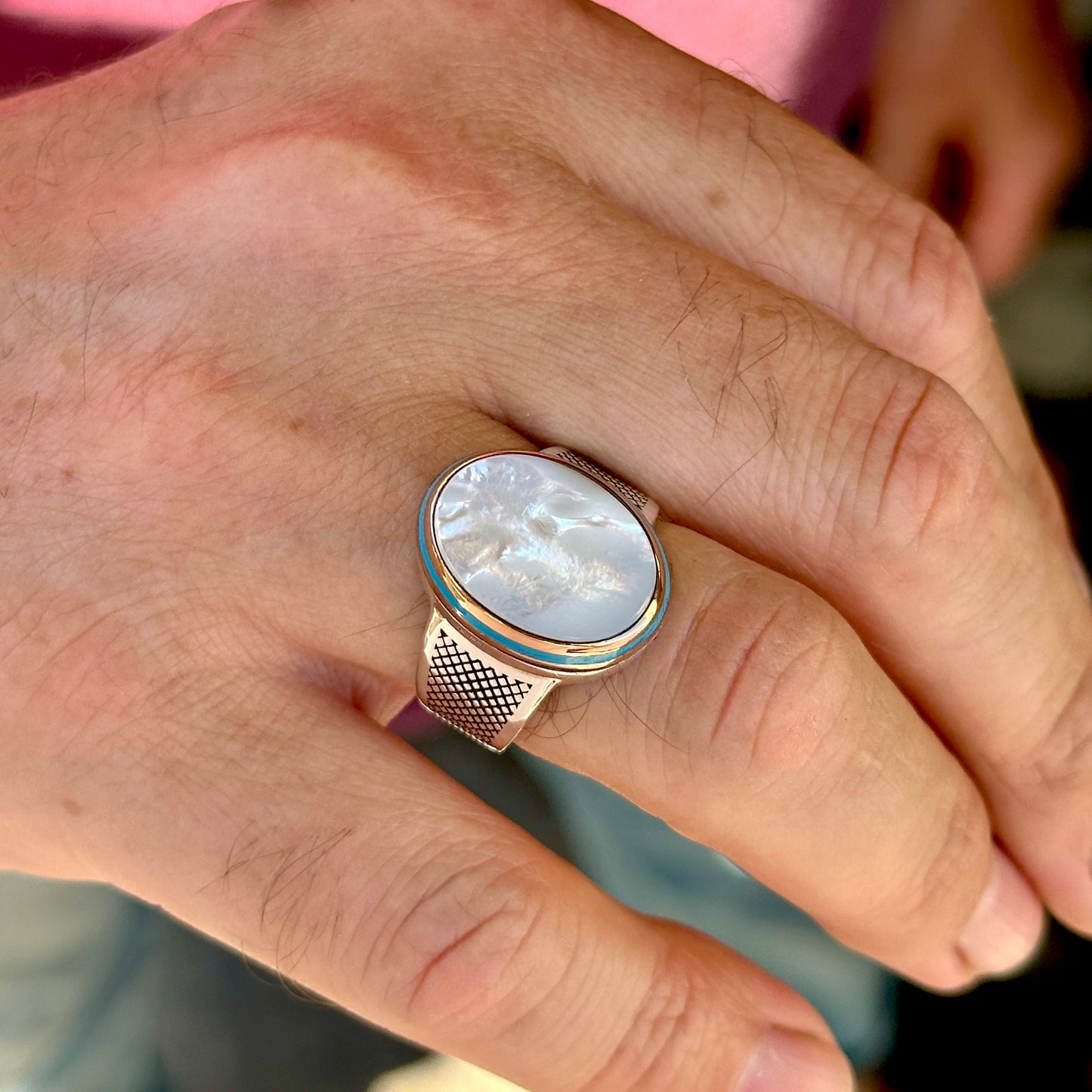 Silver Handmade Minimal Mother Of Pearl Gemstone Ring