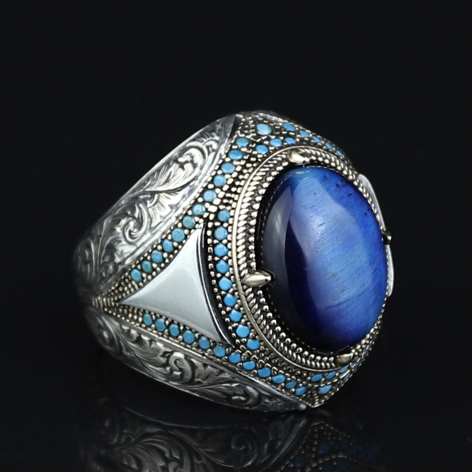 Silver Blue Tiger Eye Stone Ring, 925 Handmade Tiger Eye Gemstone Ring, Handmade Sterling Silver Ring