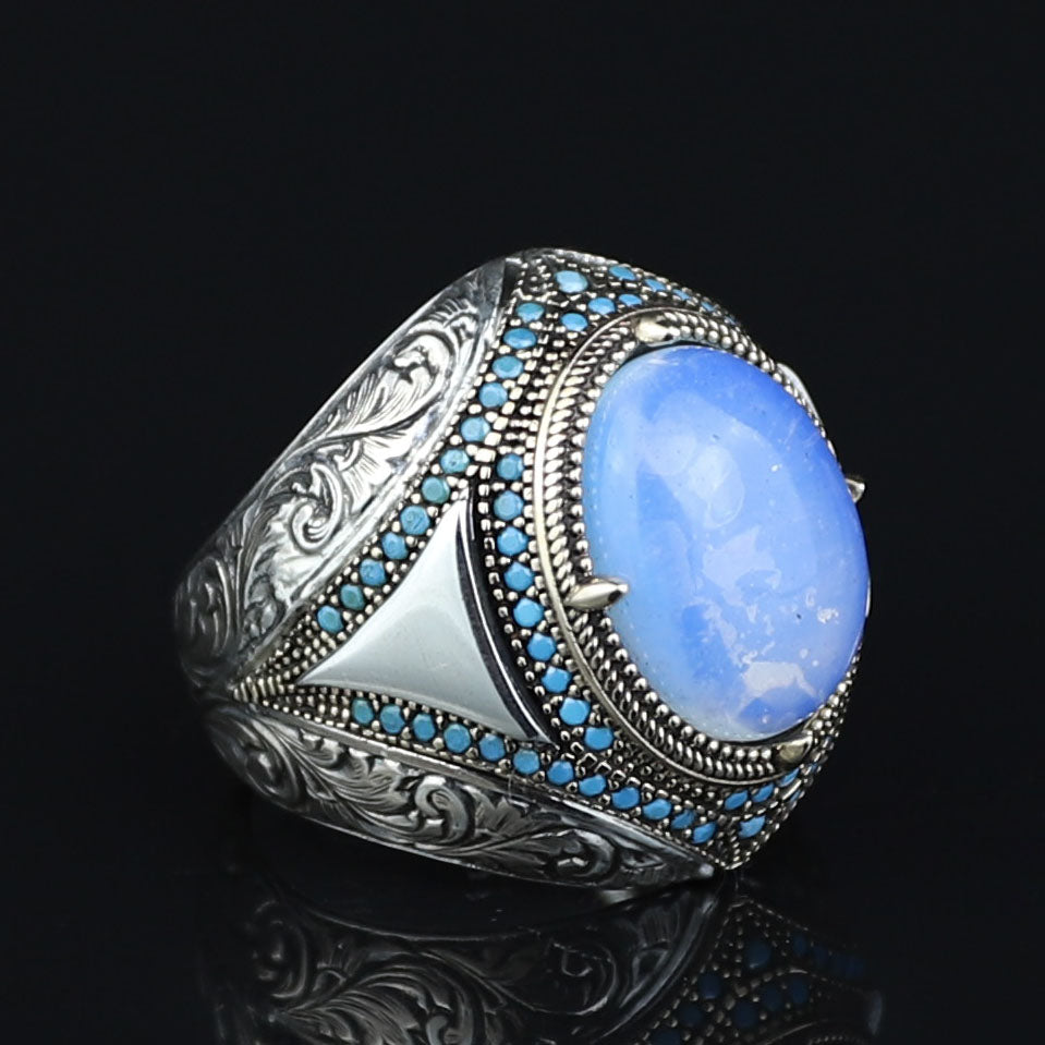 Men Natural Moonstone Ring, Engraved Man Raw Moonstone Ring, Rainbow Moonstone Ring, 925k Sterling Silver