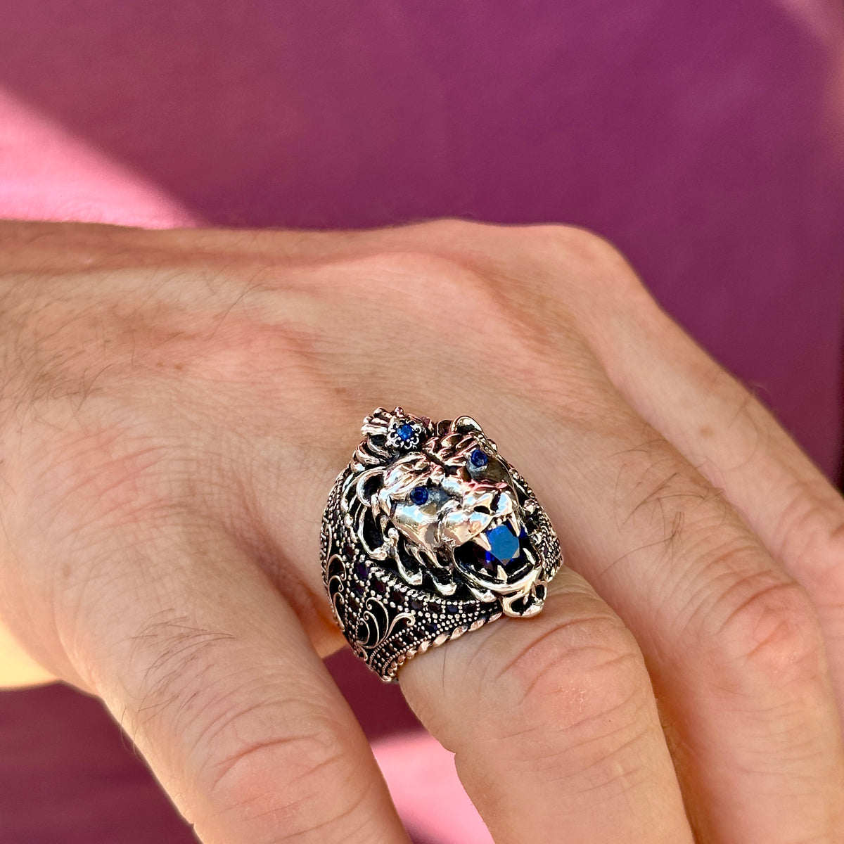 Men Silver Sapphire Stone Leon Head Animal Ring