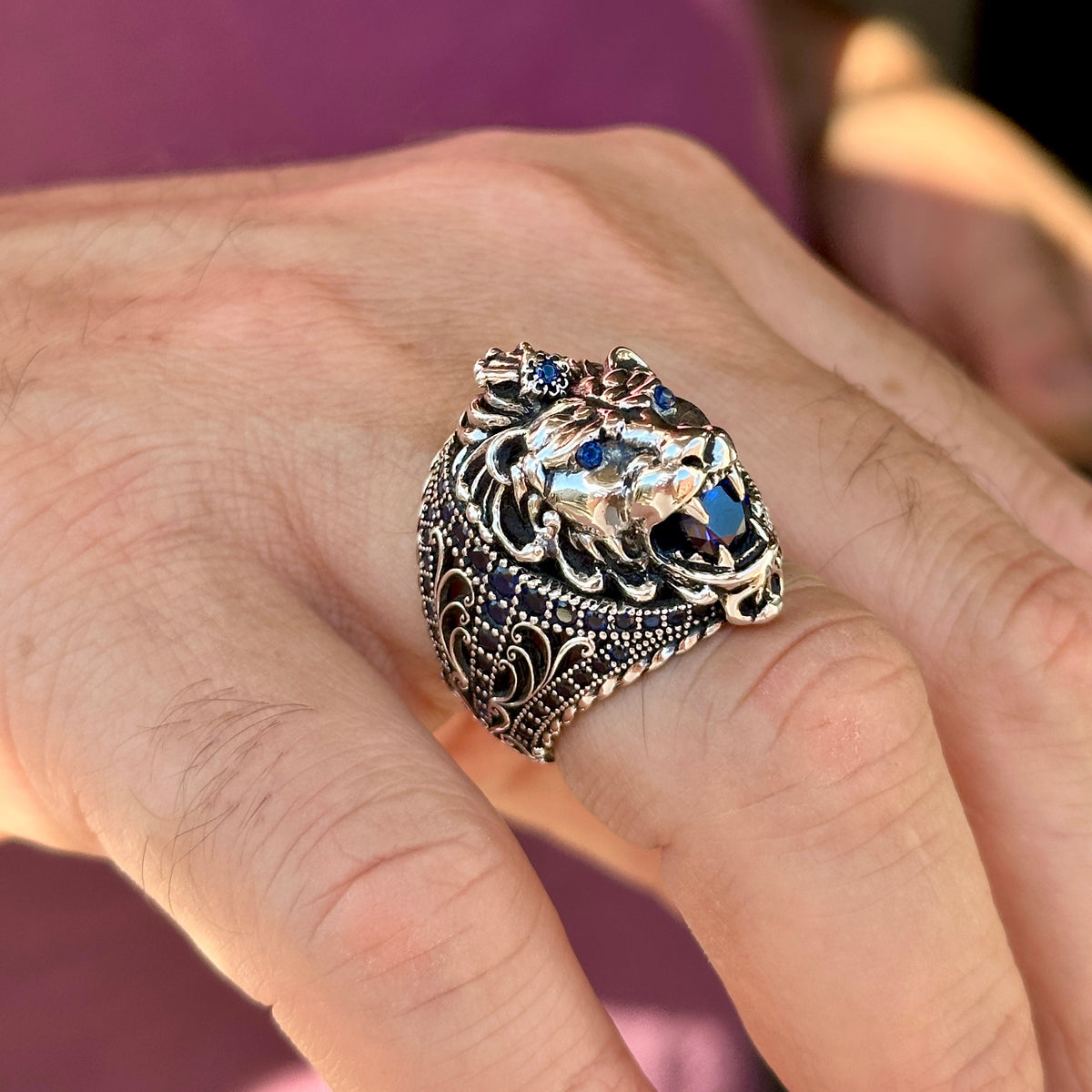 Men Silver Sapphire Stone Leon Head Animal Ring