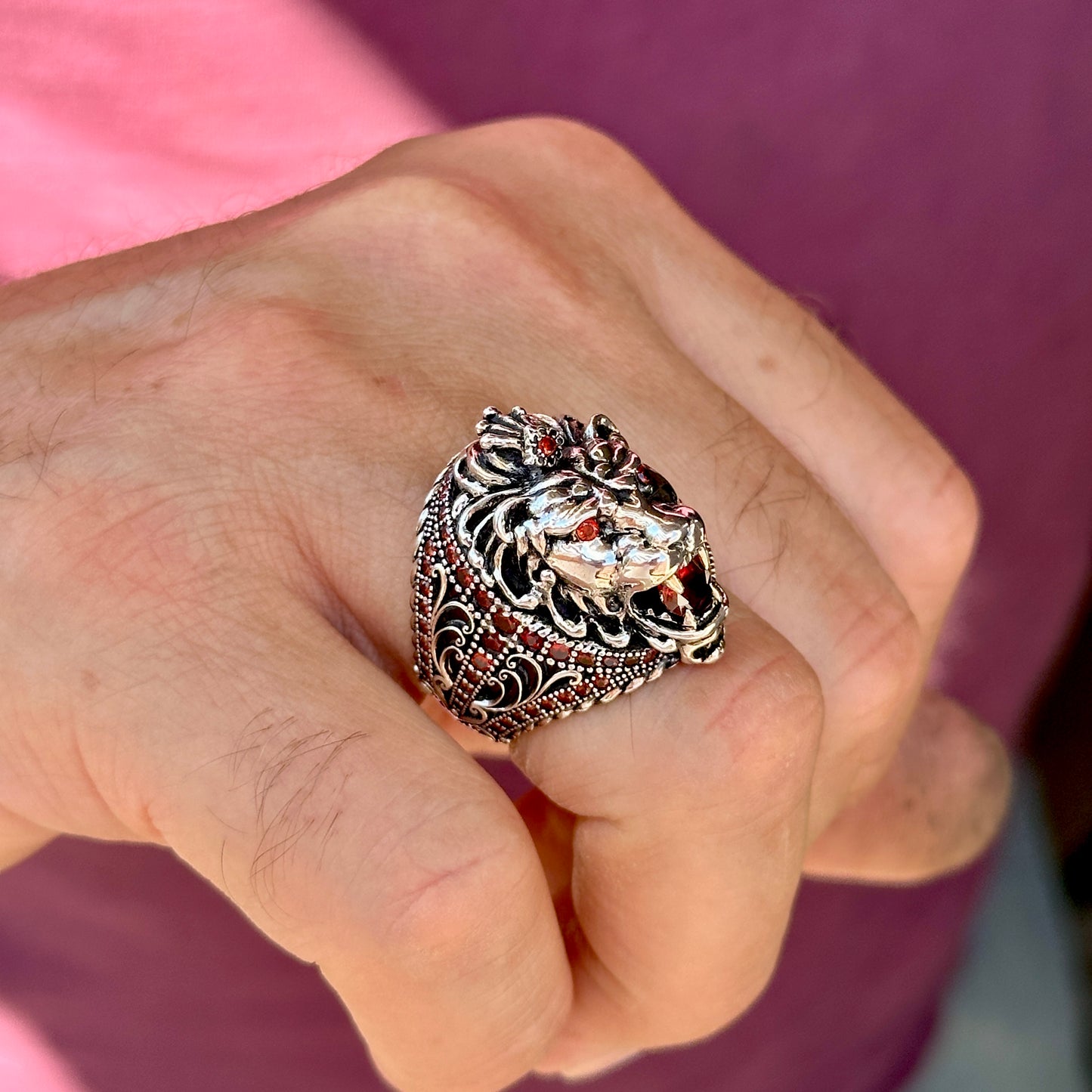 Silver Ruby Gemstone Wild Leon Head Ring